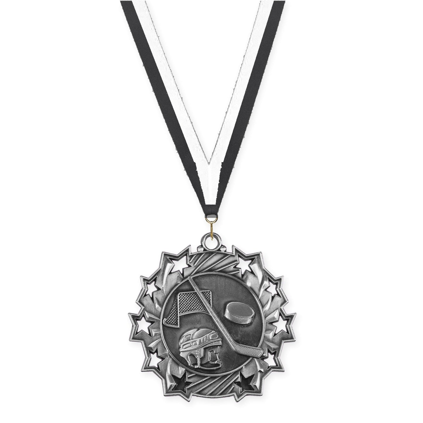 2 1/4 inch hockey Ten Star medal in antique silver with Black White neck ribbon