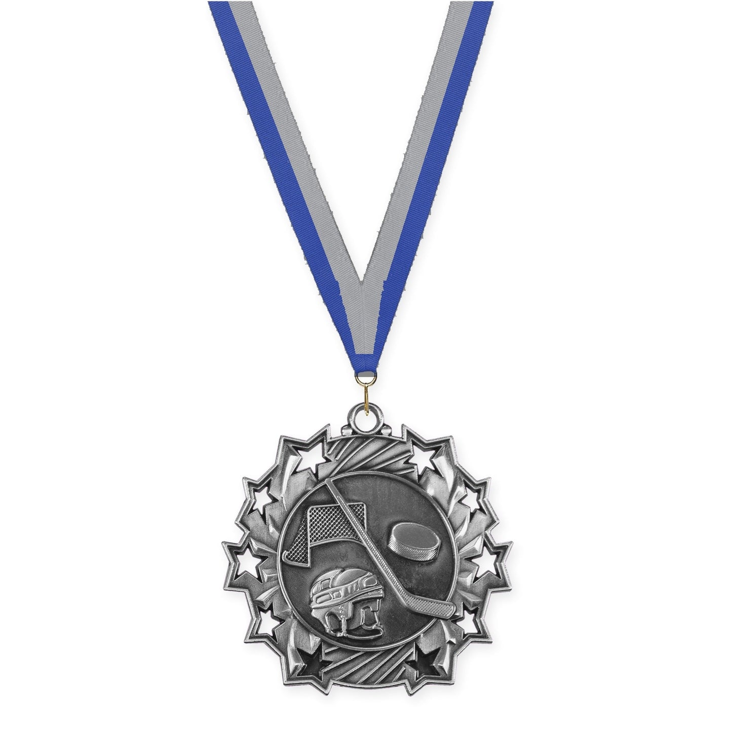 2 1/4 inch hockey Ten Star medal in antique silver with Blue Gray neck ribbon