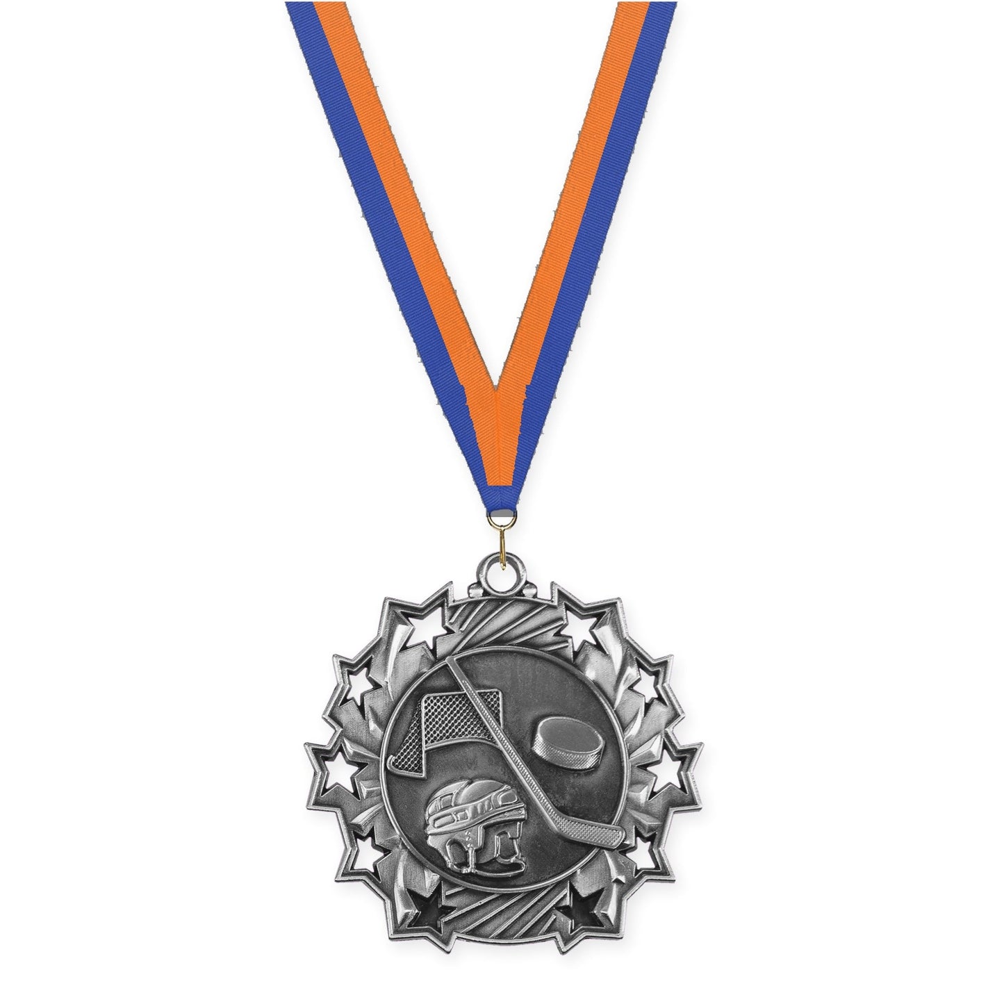 2 1/4 inch hockey Ten Star medal in antique silver with Blue Orange neck ribbon