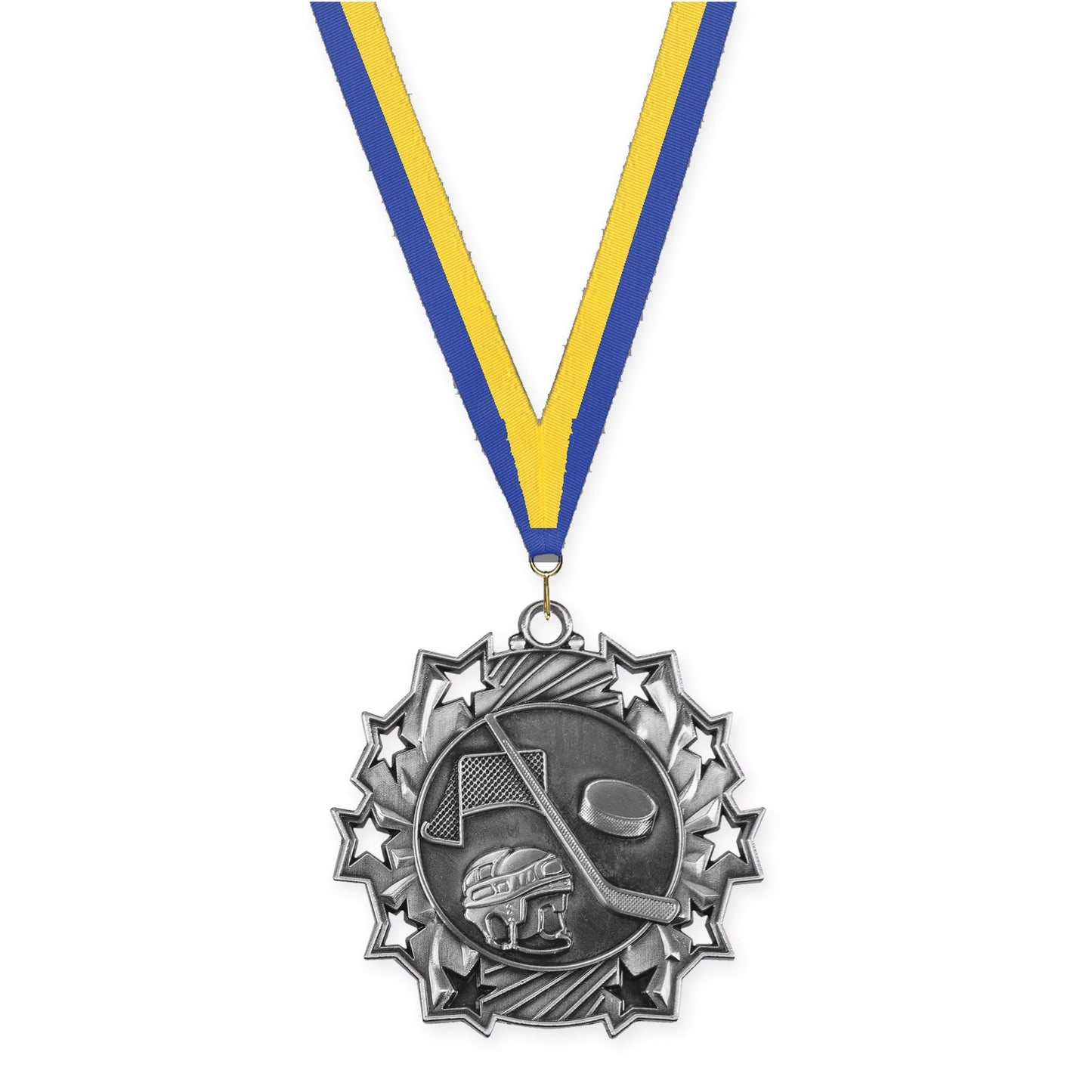 2 1/4 inch hockey Ten Star medal in antique silver with Blue Yellow neck ribbon