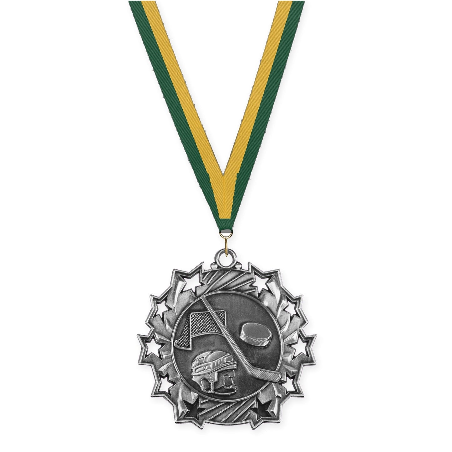 2 1/4 inch hockey Ten Star medal in antique silver with Hunter Green Gold neck ribbon