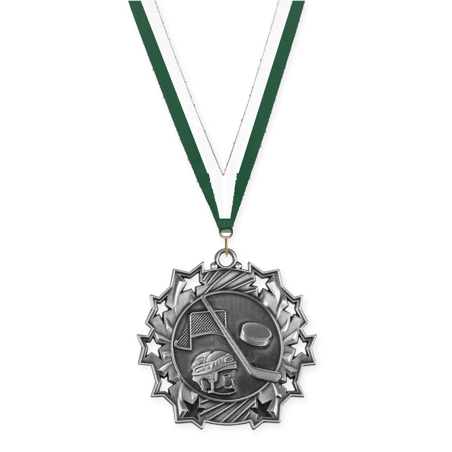 2 1/4 inch hockey Ten Star medal in antique silver with Hunter Green White neck ribbon