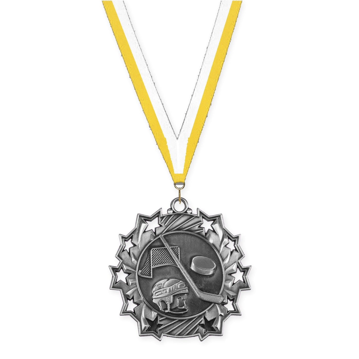 2 1/4 inch hockey Ten Star medal in antique silver with Yellow White neck ribbon