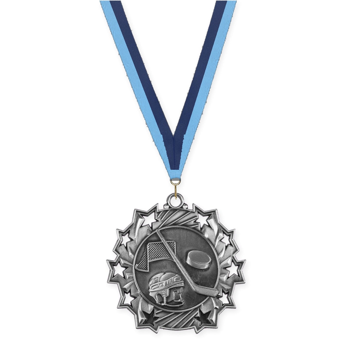 2 1/4 inch hockey Ten Star medal in antique silver with Light Blue Navy neck ribbon