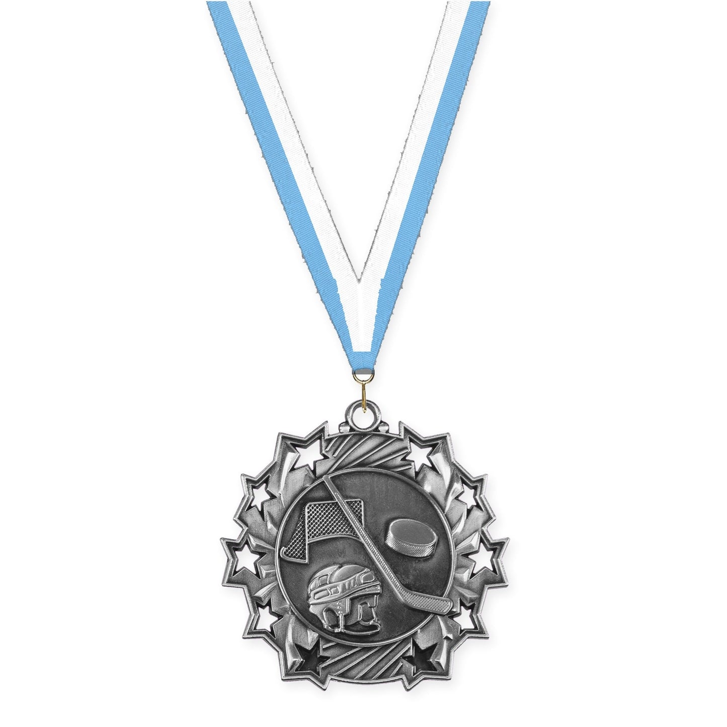 2 1/4 inch hockey Ten Star medal in antique silver with Light Blue White neck ribbon