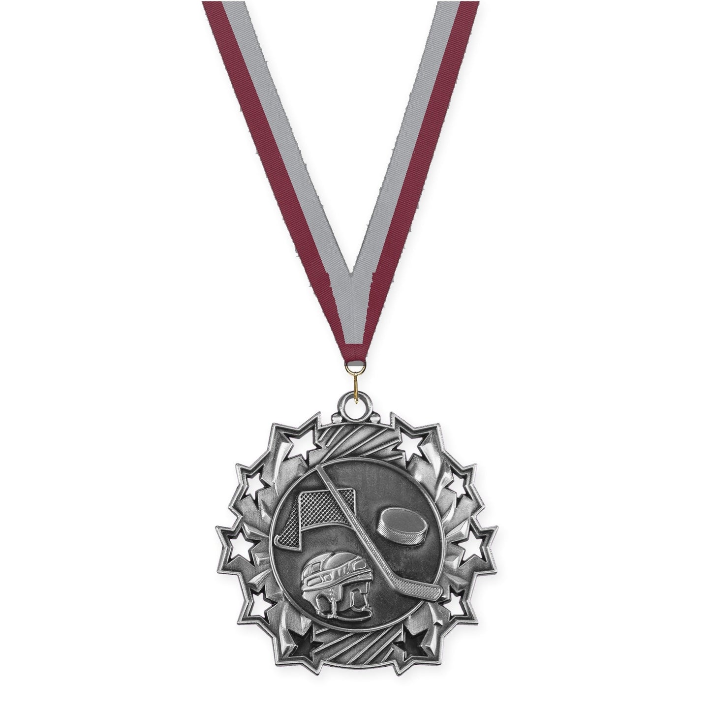 2 1/4 inch hockey Ten Star medal in antique silver with Maroon Gray neck ribbon
