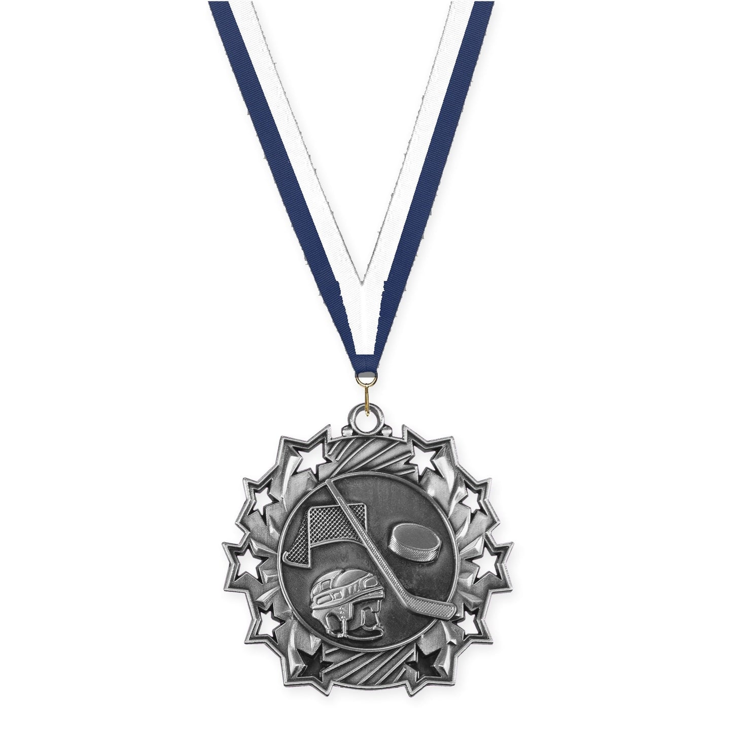 2 1/4 inch hockey Ten Star medal in antique silver with Navy White neck ribbon