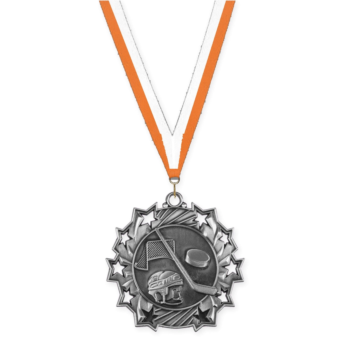 2 1/4 inch hockey Ten Star medal in antique silver with Orange White neck ribbon