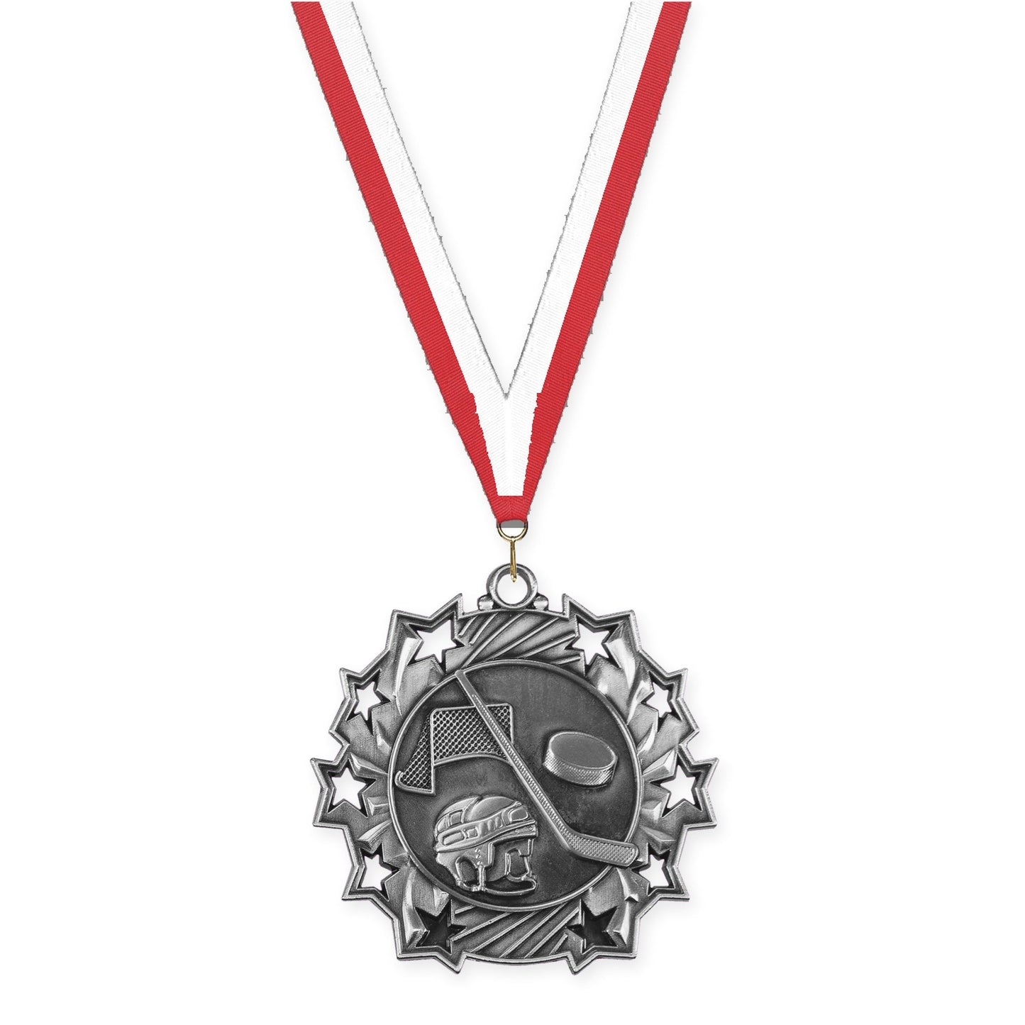 2 1/4 inch hockey Ten Star medal in antique silver with Red White neck ribbon