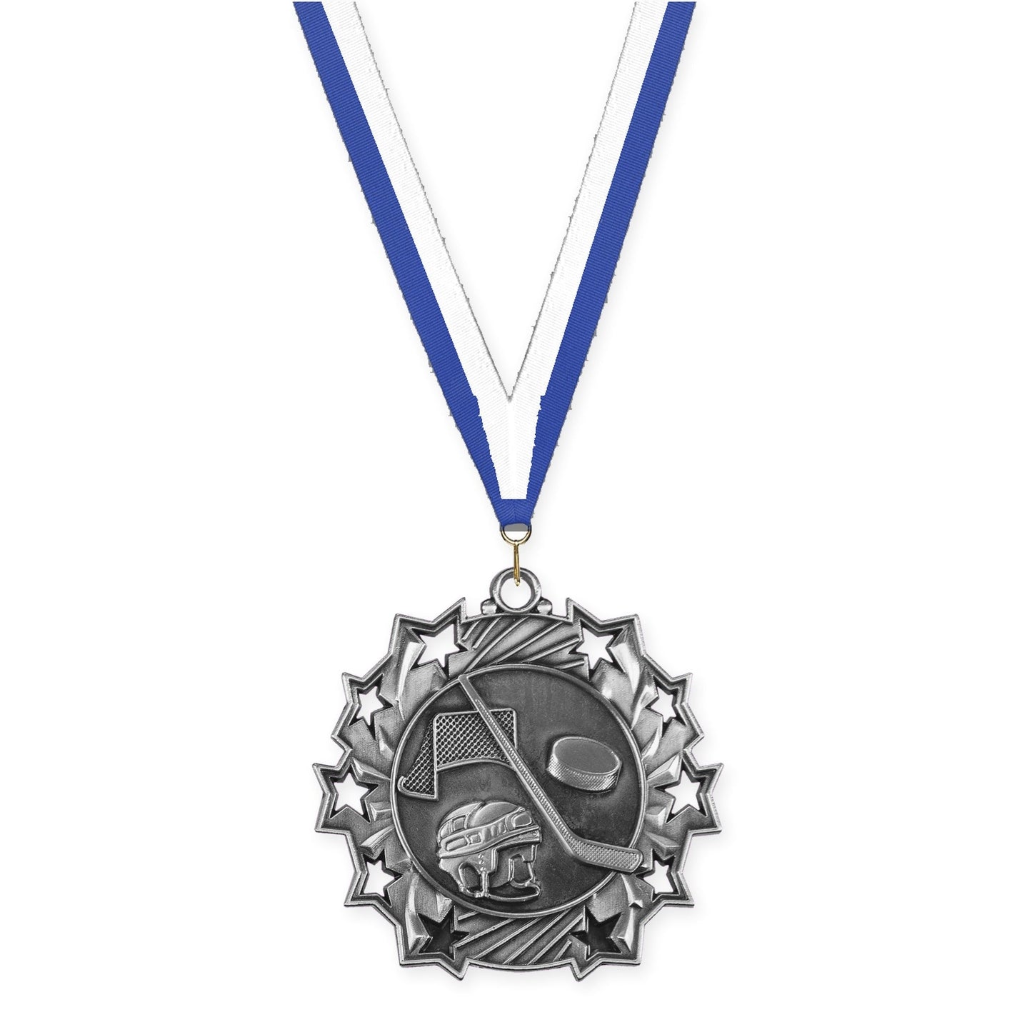 2 1/4 inch hockey Ten Star medal in antique silver with Blue White neck ribbon