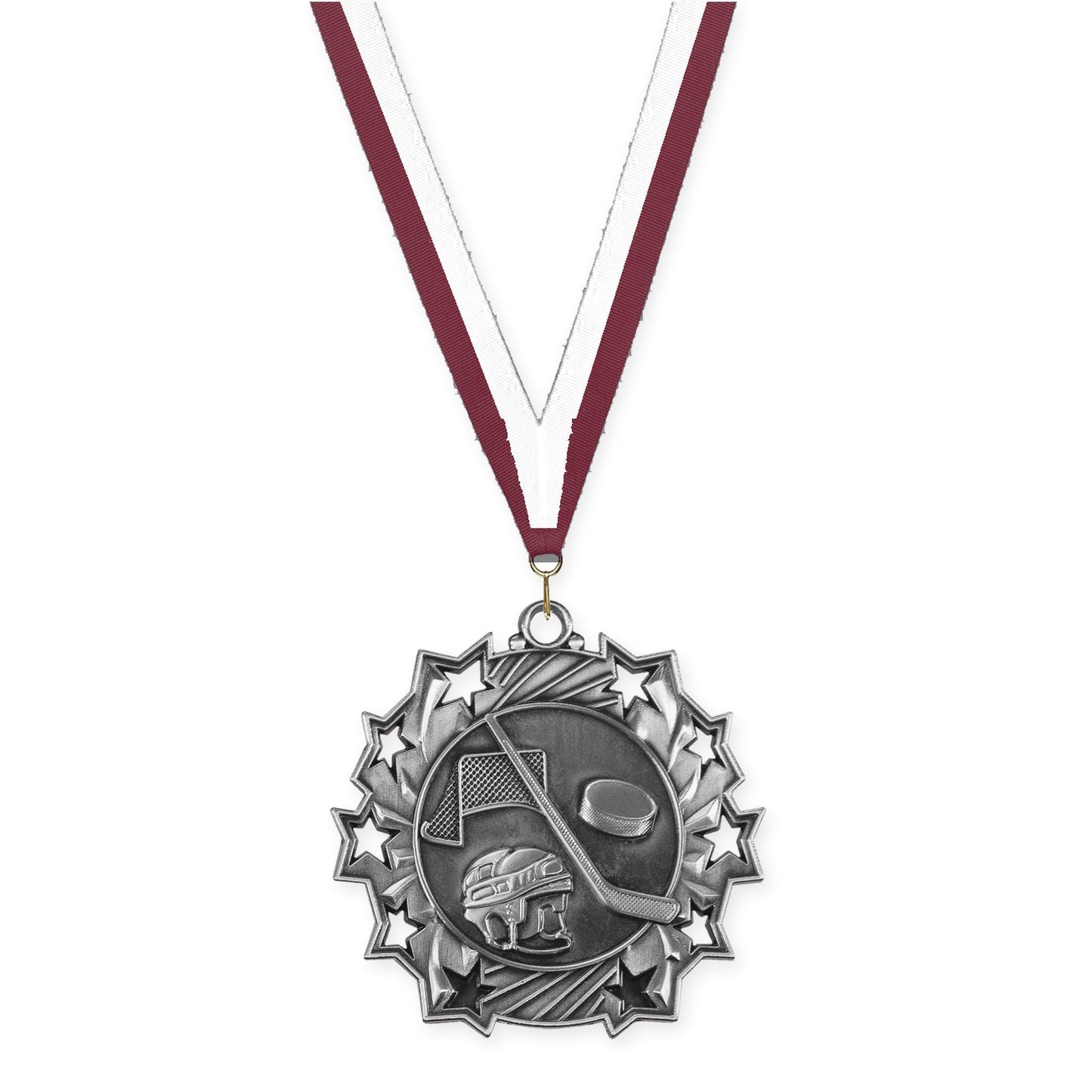 2 1/4 inch hockey Ten Star medal in antique silver with Maroon White neck ribbon