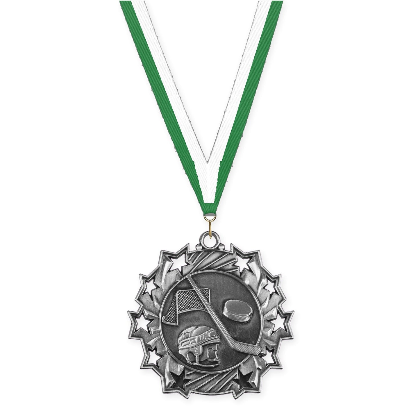 2 1/4 inch hockey Ten Star medal in antique silver with Green White neck ribbon