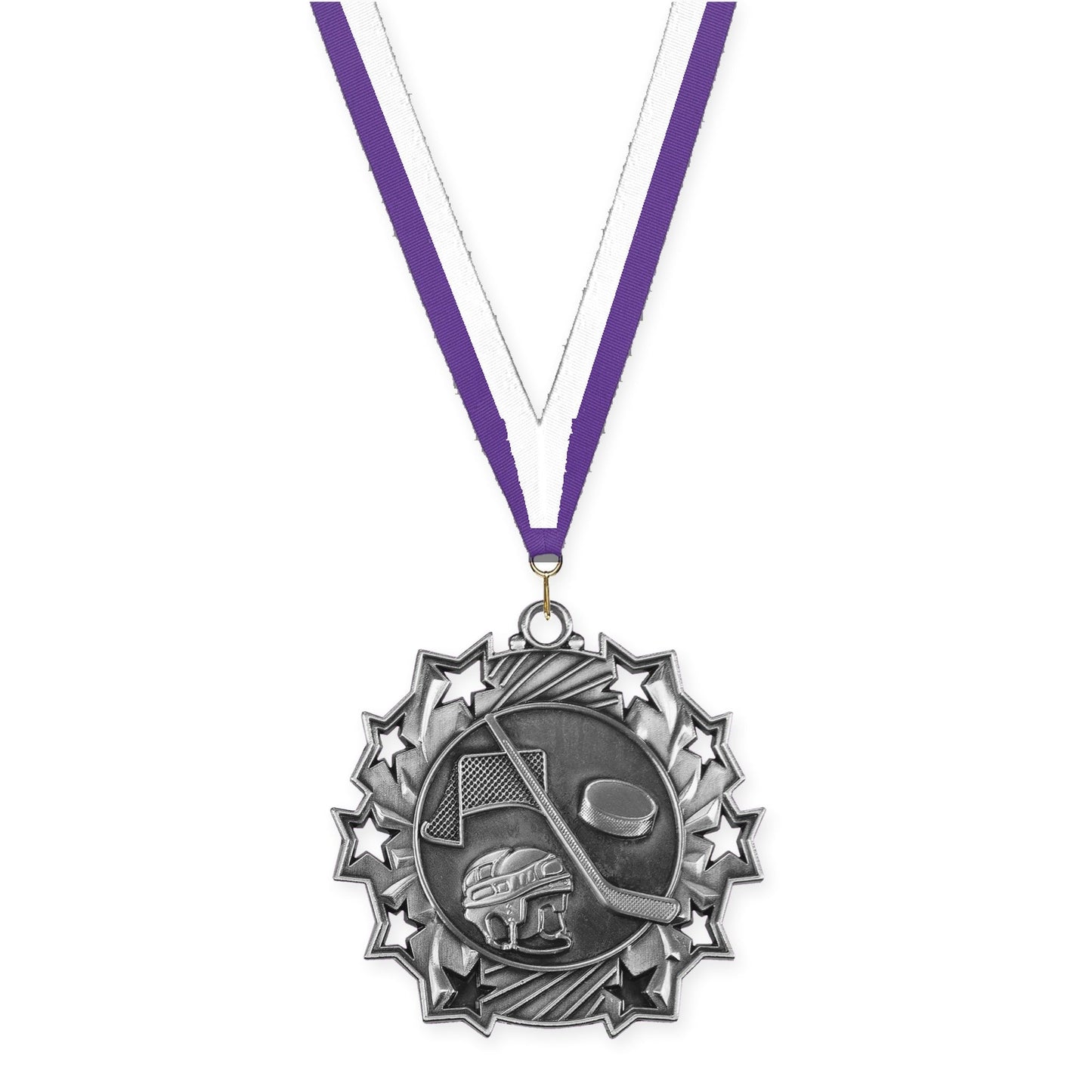 2 1/4 inch hockey Ten Star medal in antique silver with Purple White neck ribbon