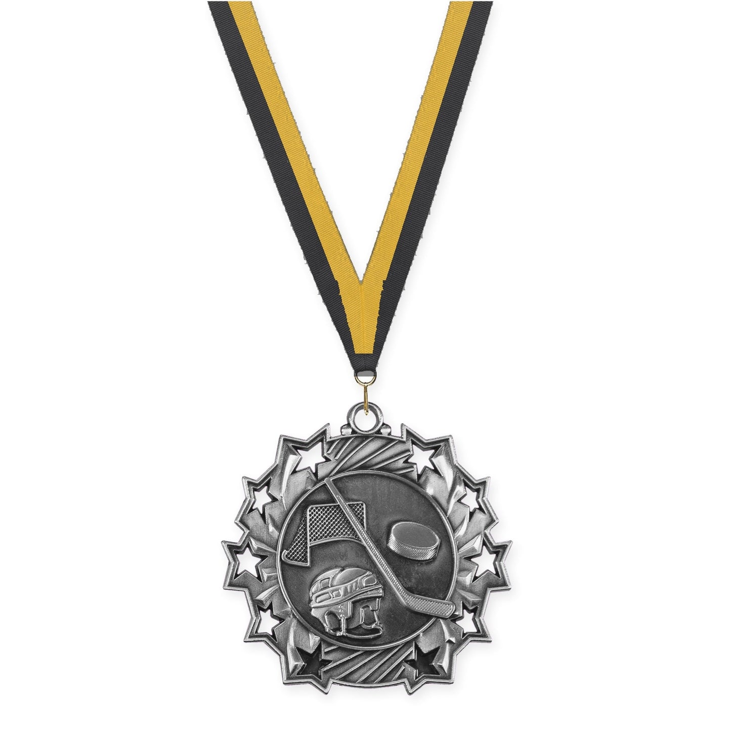2 1/4 inch hockey Ten Star medal in antique silver with Black Gold neck ribbon