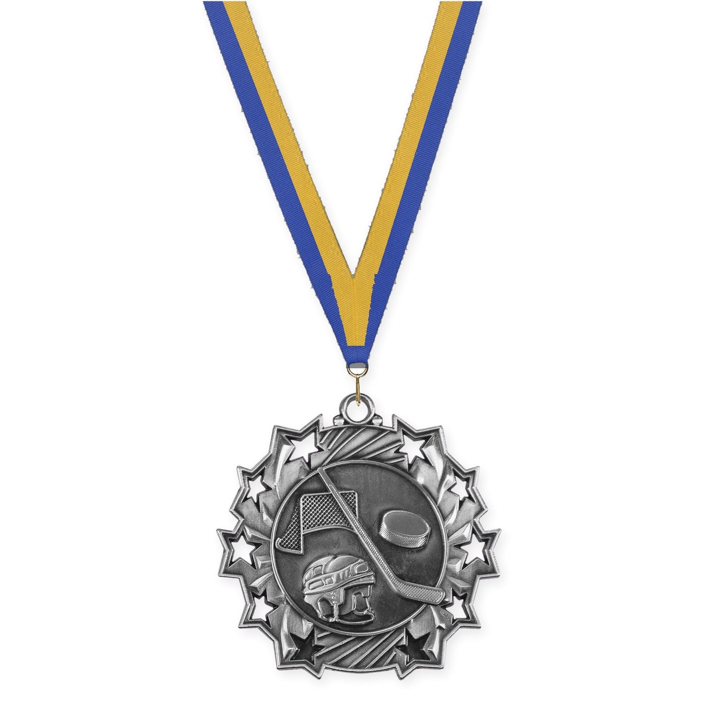 2 1/4 inch hockey Ten Star medal in antique silver with Blue Gold neck ribbon