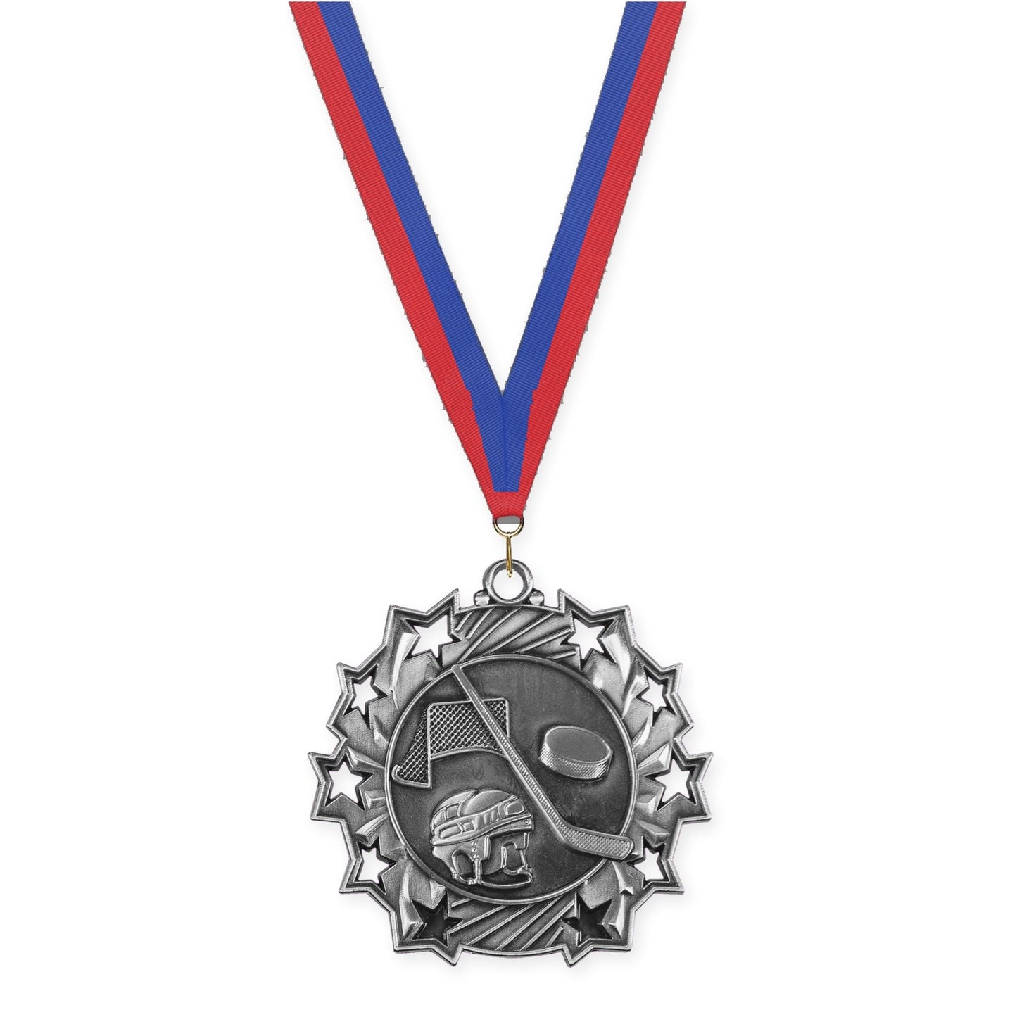 2 1/4 inch hockey Ten Star medal in antique silver with Blue Red neck ribbon