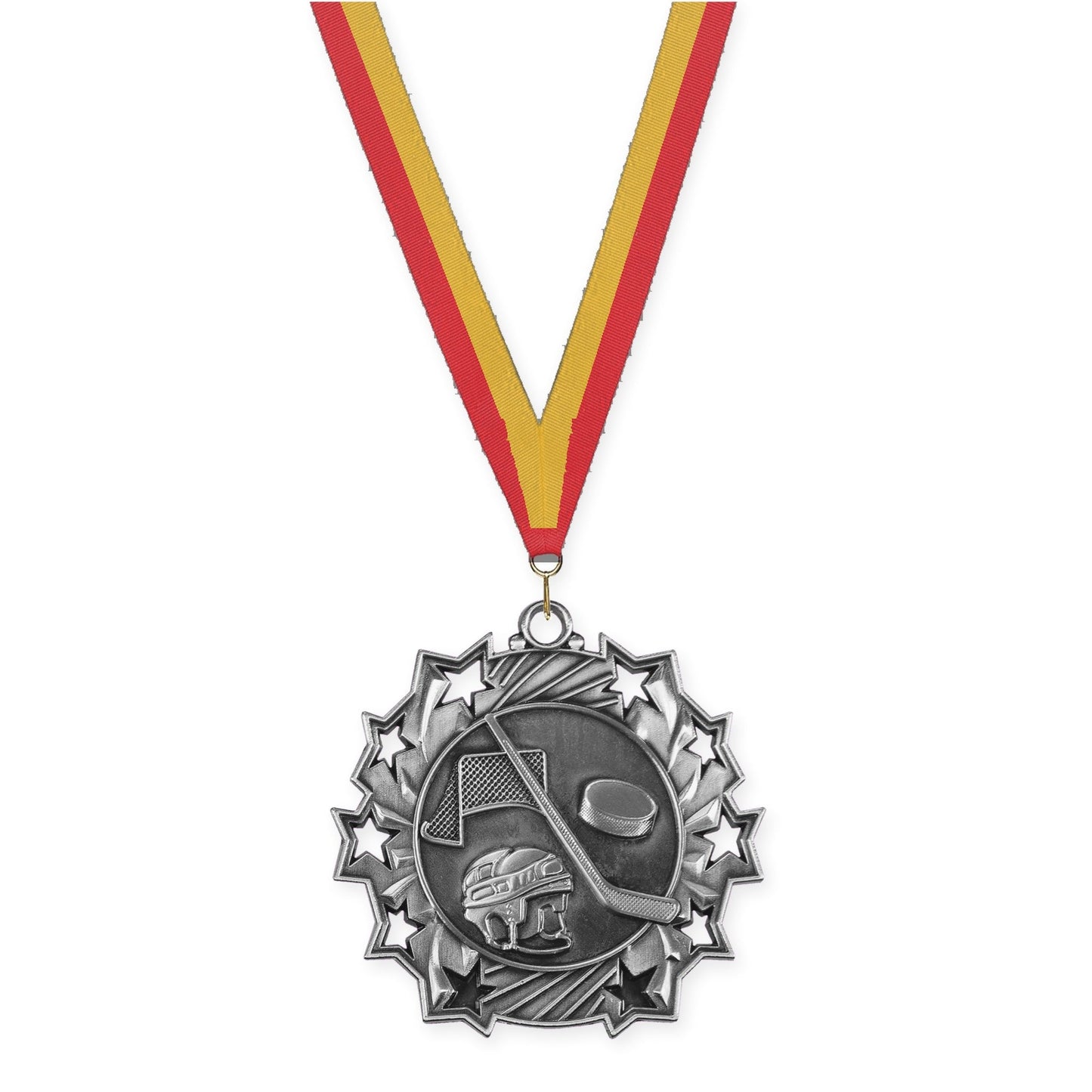 2 1/4 inch hockey Ten Star medal in antique silver with Red Gold neck ribbon