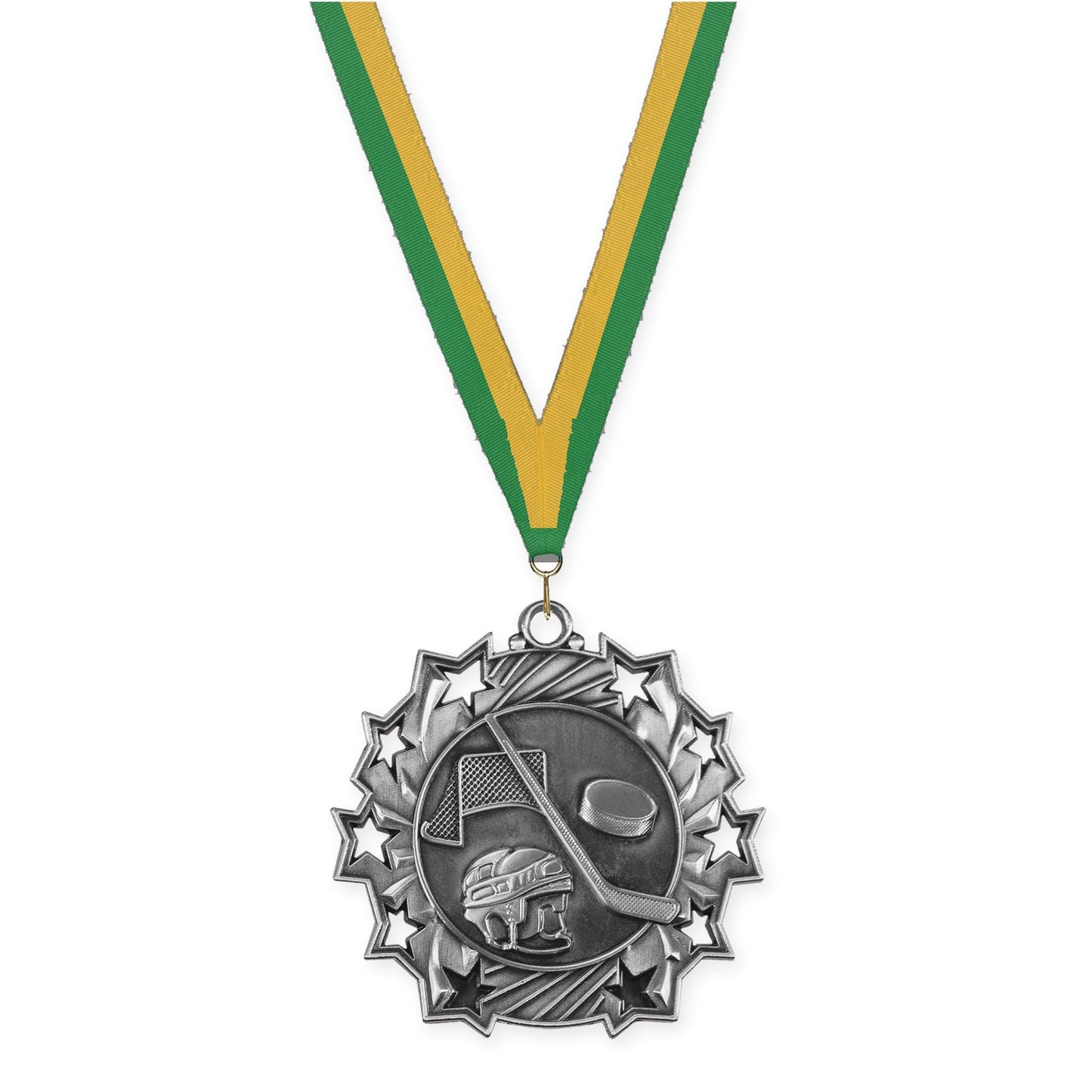 2 1/4 inch hockey Ten Star medal in antique silver with Green Gold neck ribbon