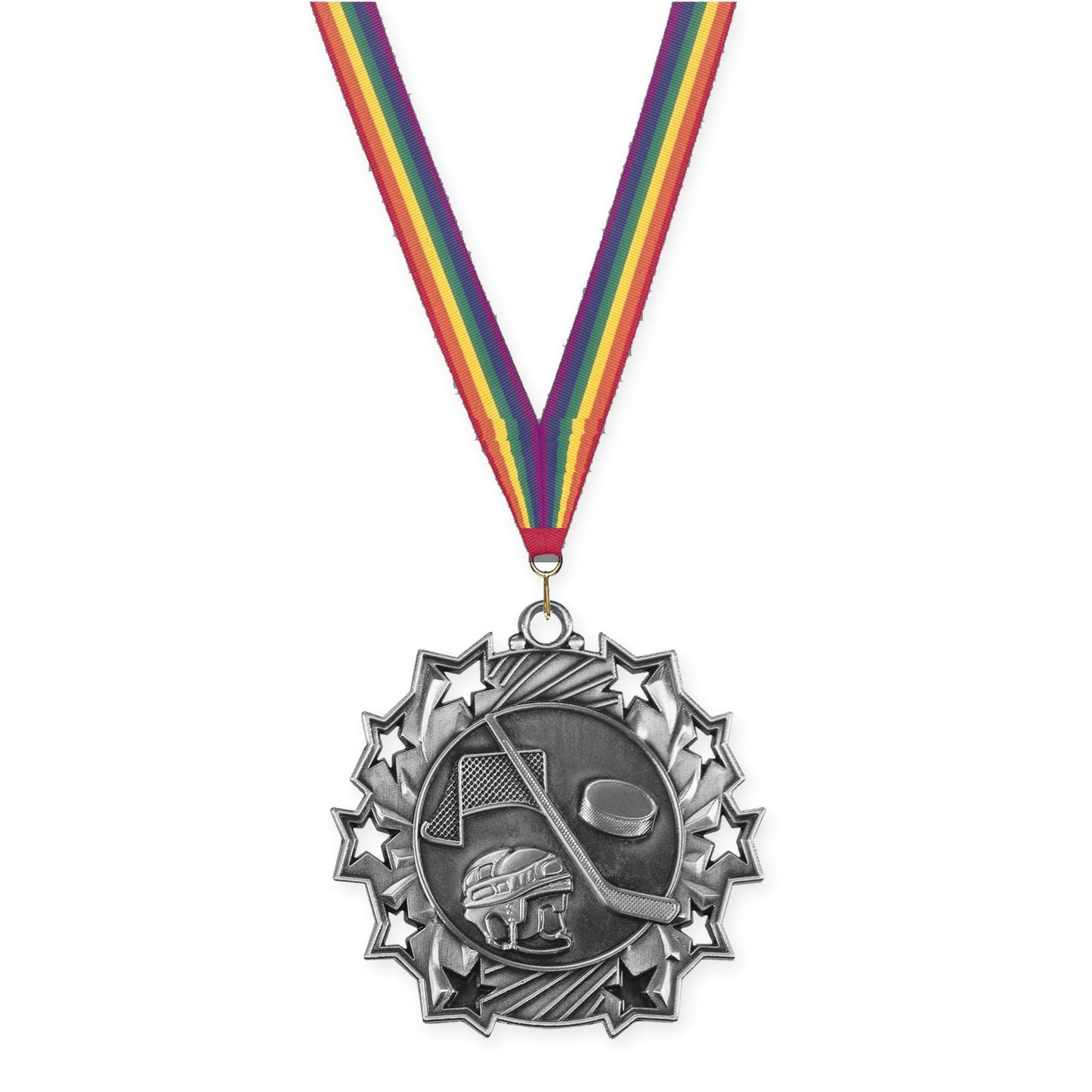 2 1/4 inch hockey Ten Star medal in antique silver with Rainbow neck ribbon
