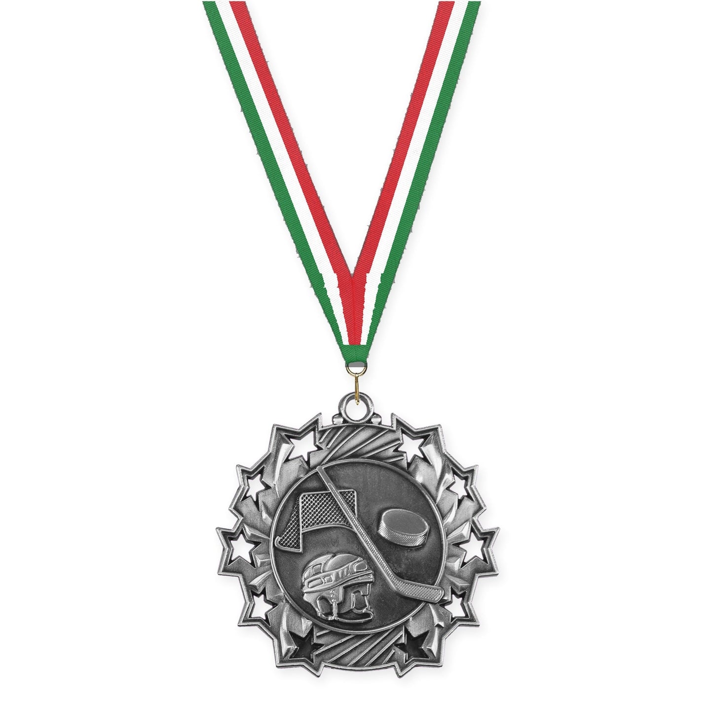 2 1/4 inch hockey Ten Star medal in antique silver with Green White Red neck ribbon