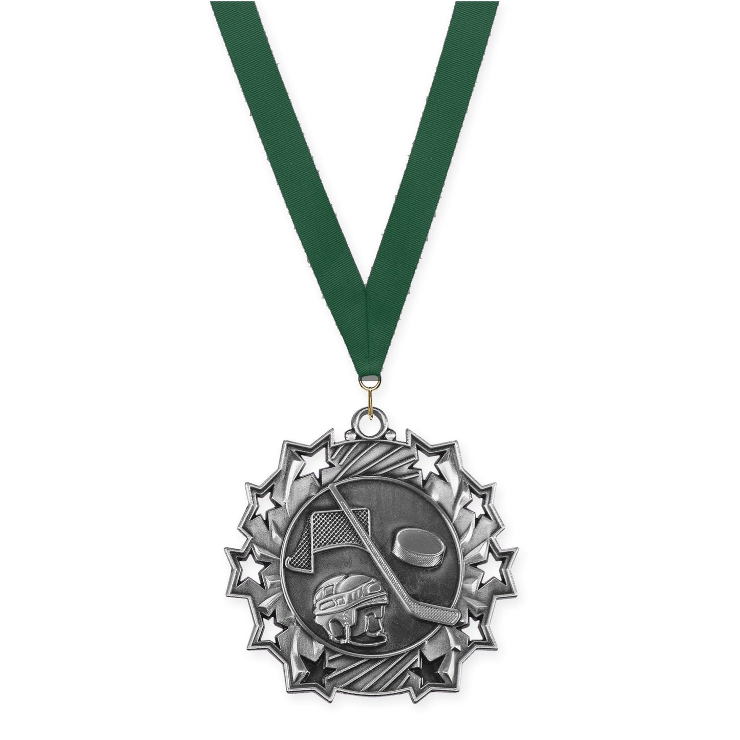2 1/4 inch hockey Ten Star medal in antique silver with Hunter Green neck ribbon