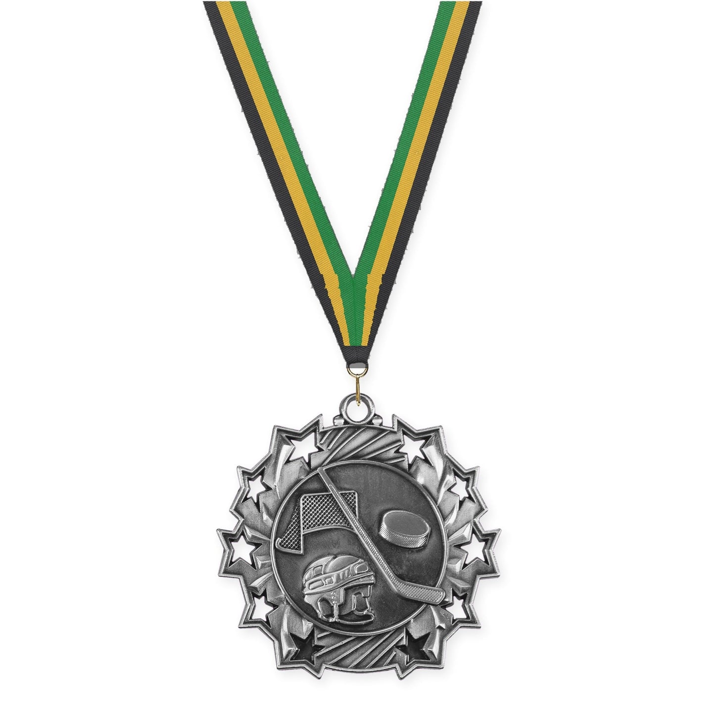 2 1/4 inch hockey Ten Star medal in antique silver with Black Gold Green neck ribbon