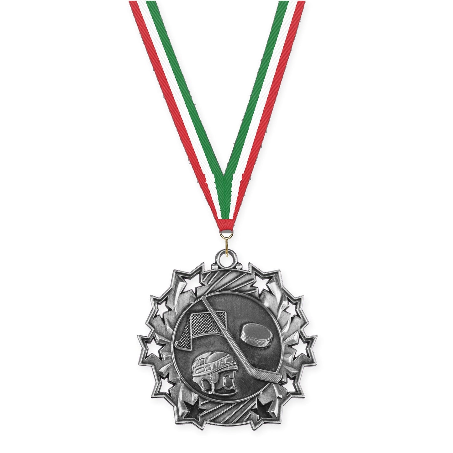 2 1/4 inch hockey Ten Star medal in antique silver with Red White Green neck ribbon