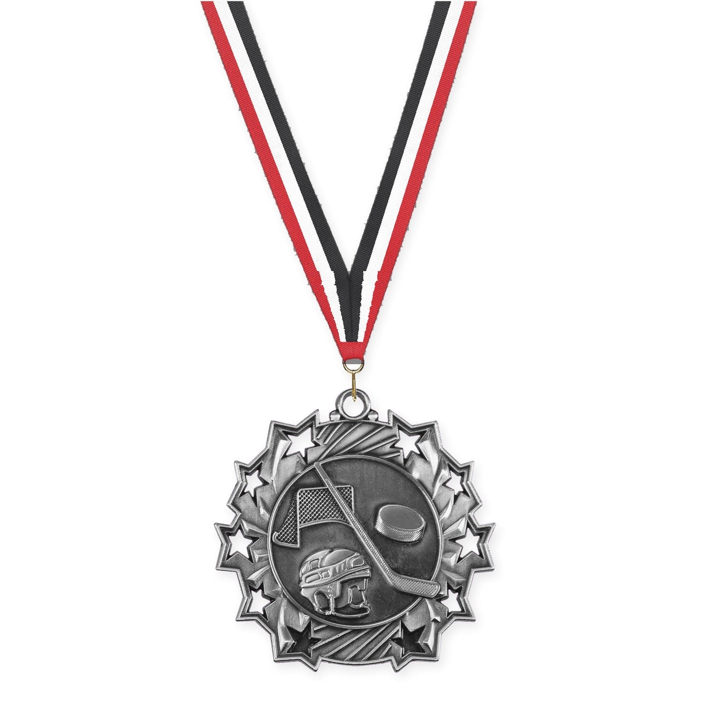 2 1/4 inch hockey Ten Star medal in antique silver with Red White Black neck ribbon