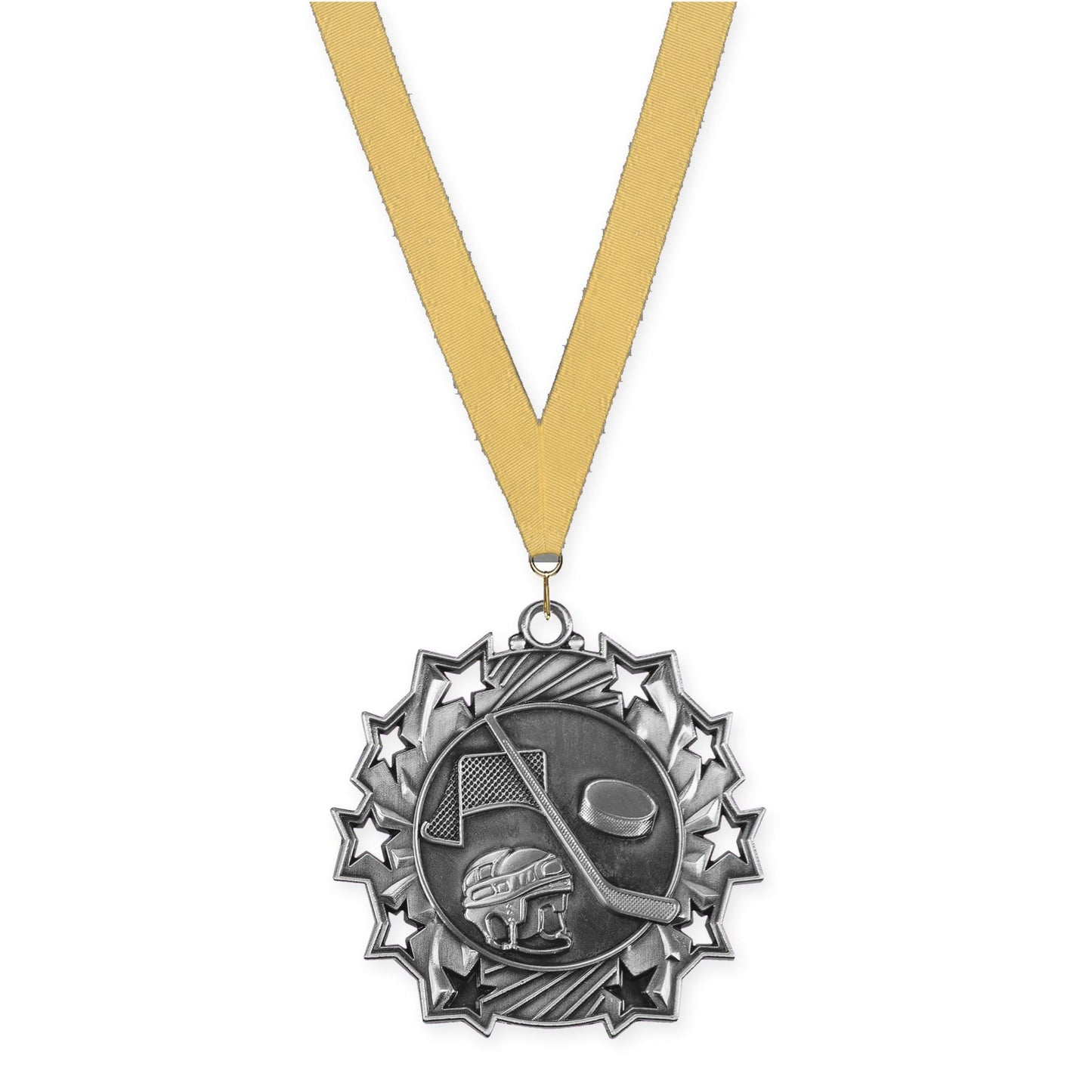 2 1/4 inch hockey Ten Star medal in antique silver with Gold Metallic neck ribbon