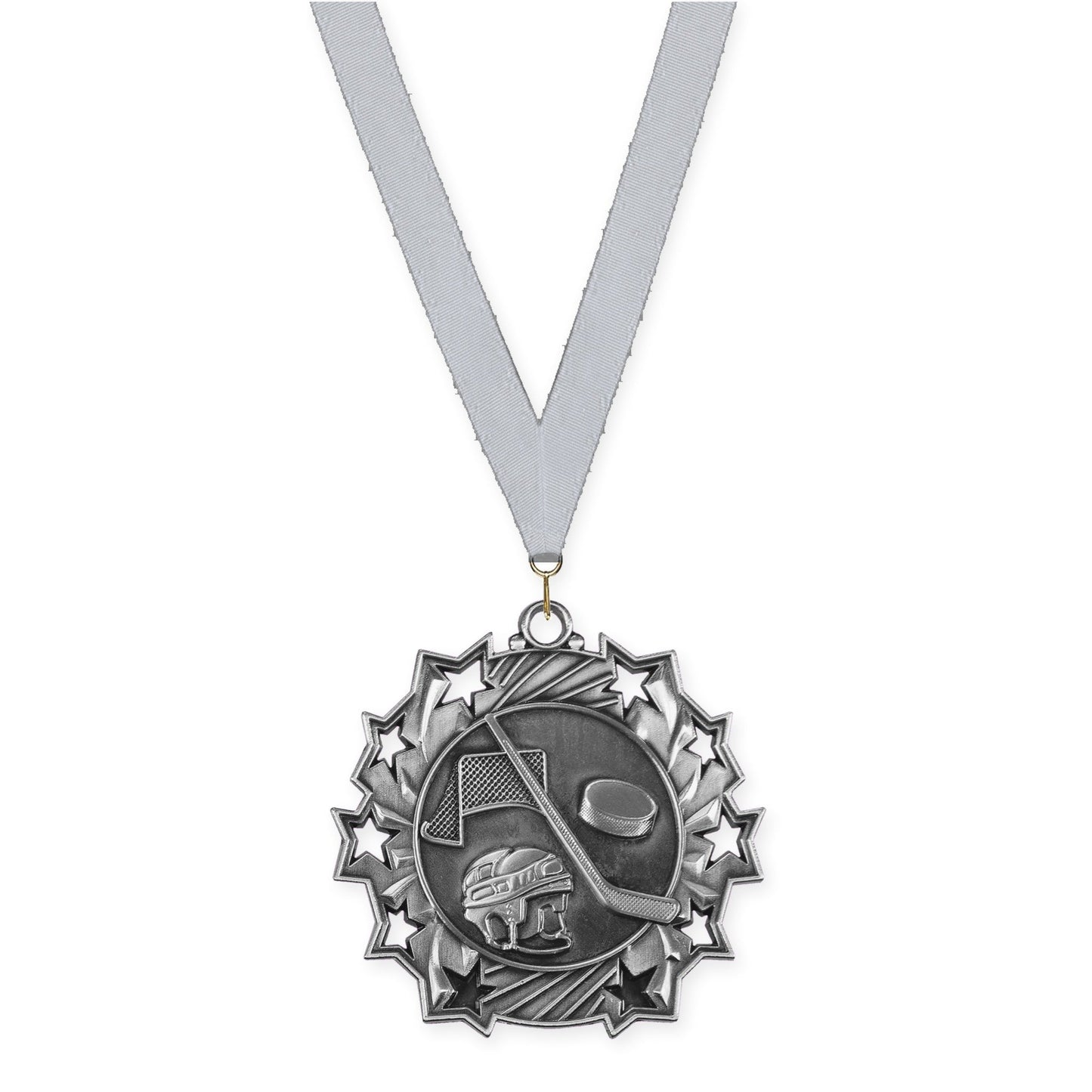 2 1/4 inch hockey Ten Star medal in antique silver with Silver Metallic neck ribbon