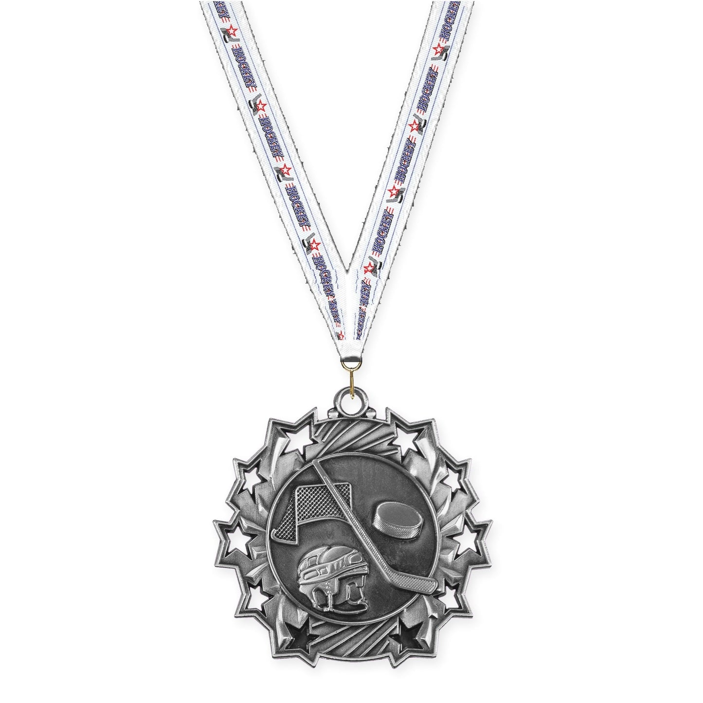 2 1/4 inch hockey Ten Star medal in antique silver with Hockey neck ribbon