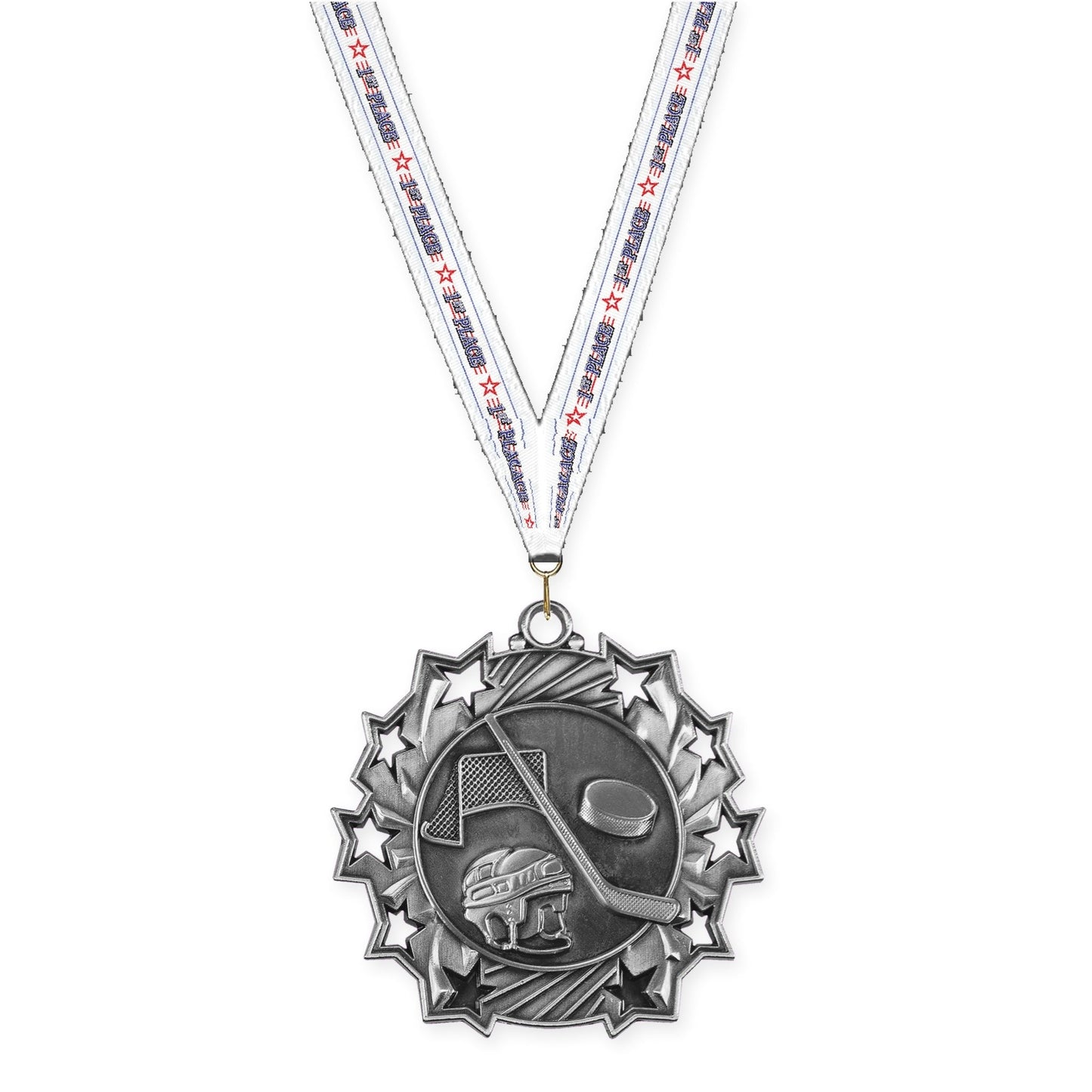 2 1/4 inch hockey Ten Star medal in antique silver with 1st Place neck ribbon