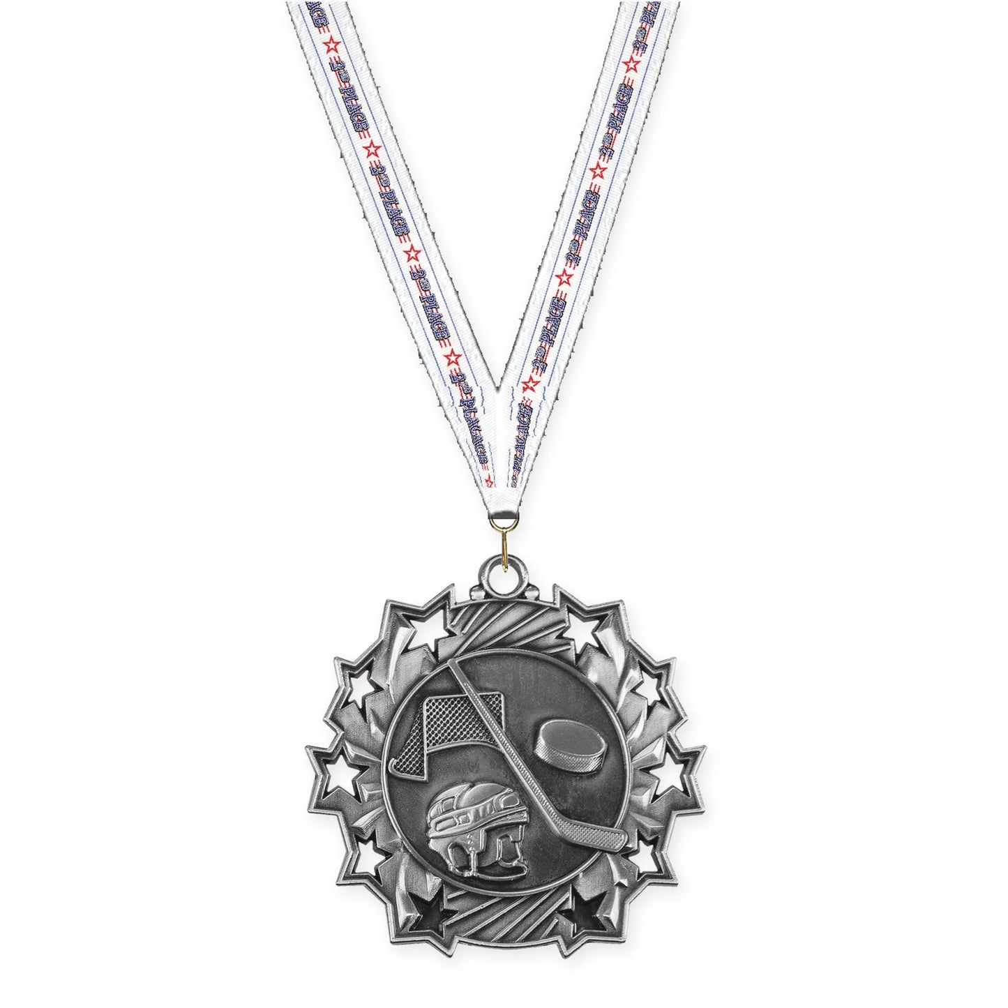 2 1/4 inch hockey Ten Star medal in antique silver with 2nd Place neck ribbon