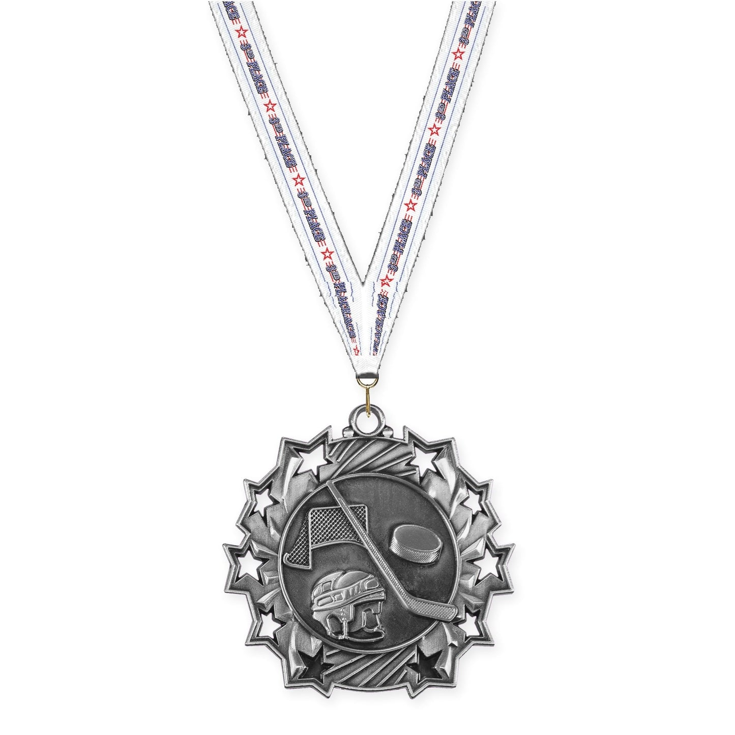 2 1/4 inch hockey Ten Star medal in antique silver with 3rd Place neck ribbon