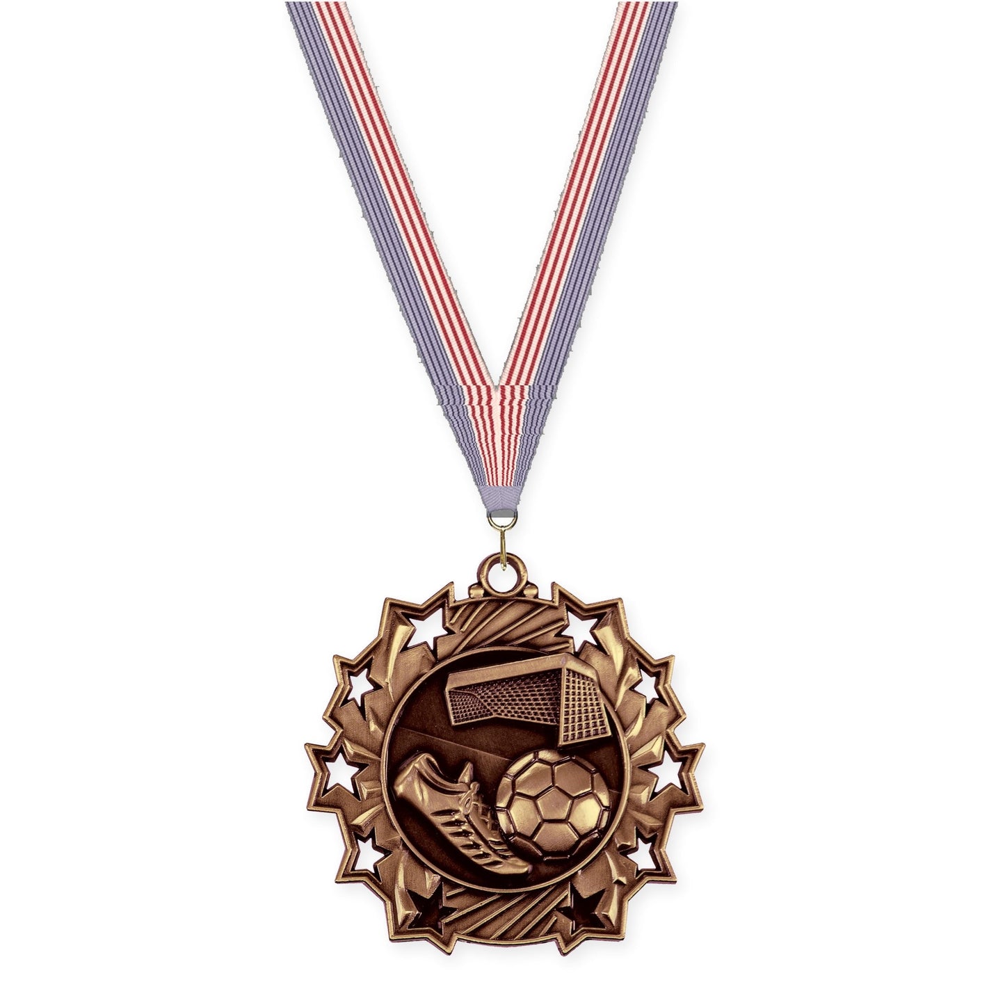 2 1/4 inch soccer Ten Star medal in antique bronze with USA Flag neck ribbon