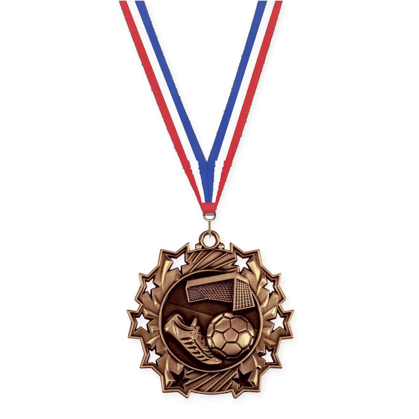 2 1/4 inch soccer Ten Star medal in antique bronze with Red White Blue neck ribbon