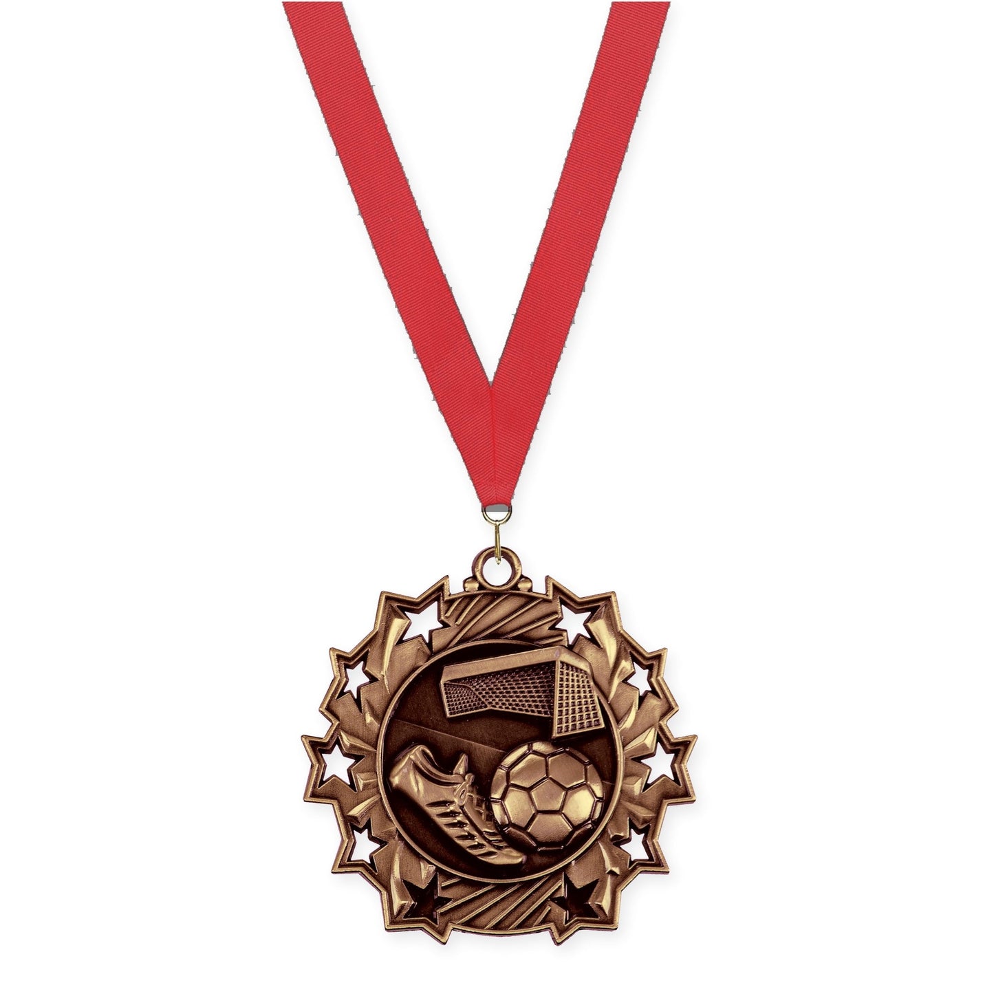 2 1/4 inch soccer Ten Star medal in antique bronze with Red neck ribbon