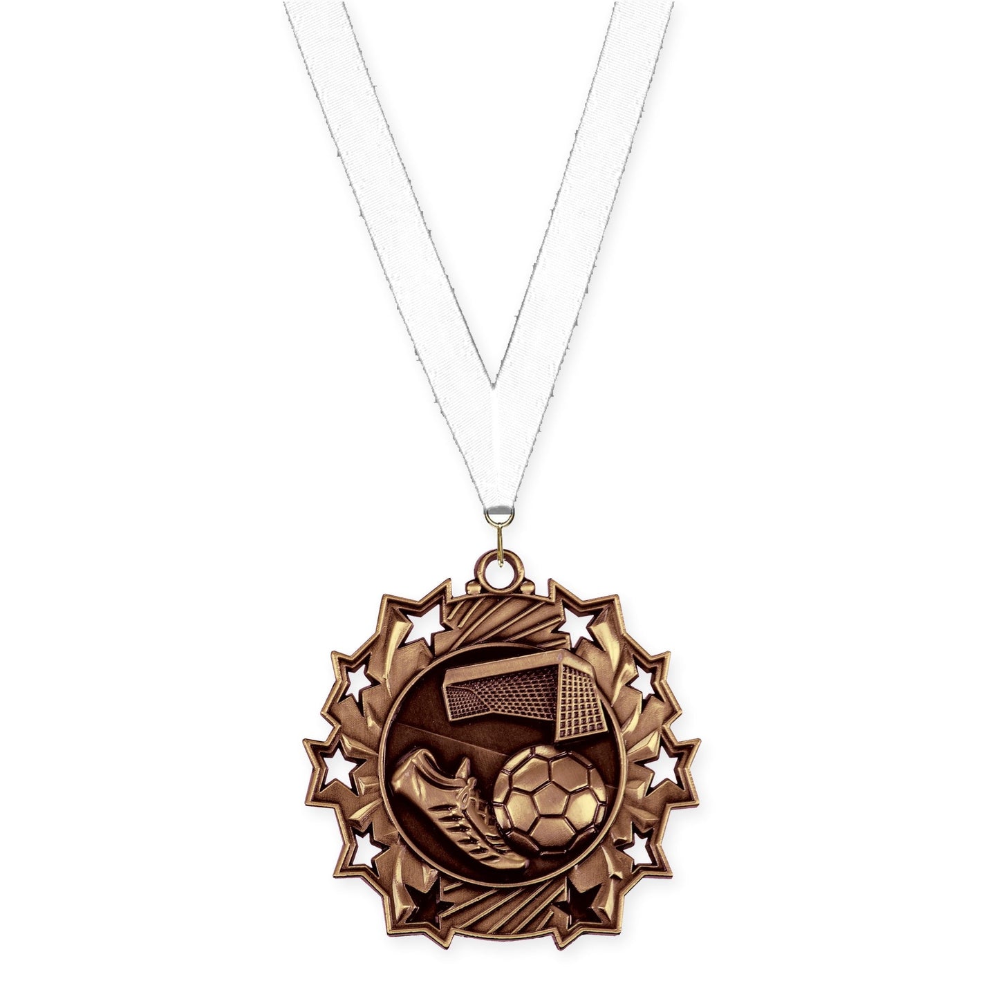 2 1/4 inch soccer Ten Star medal in antique bronze with White neck ribbon