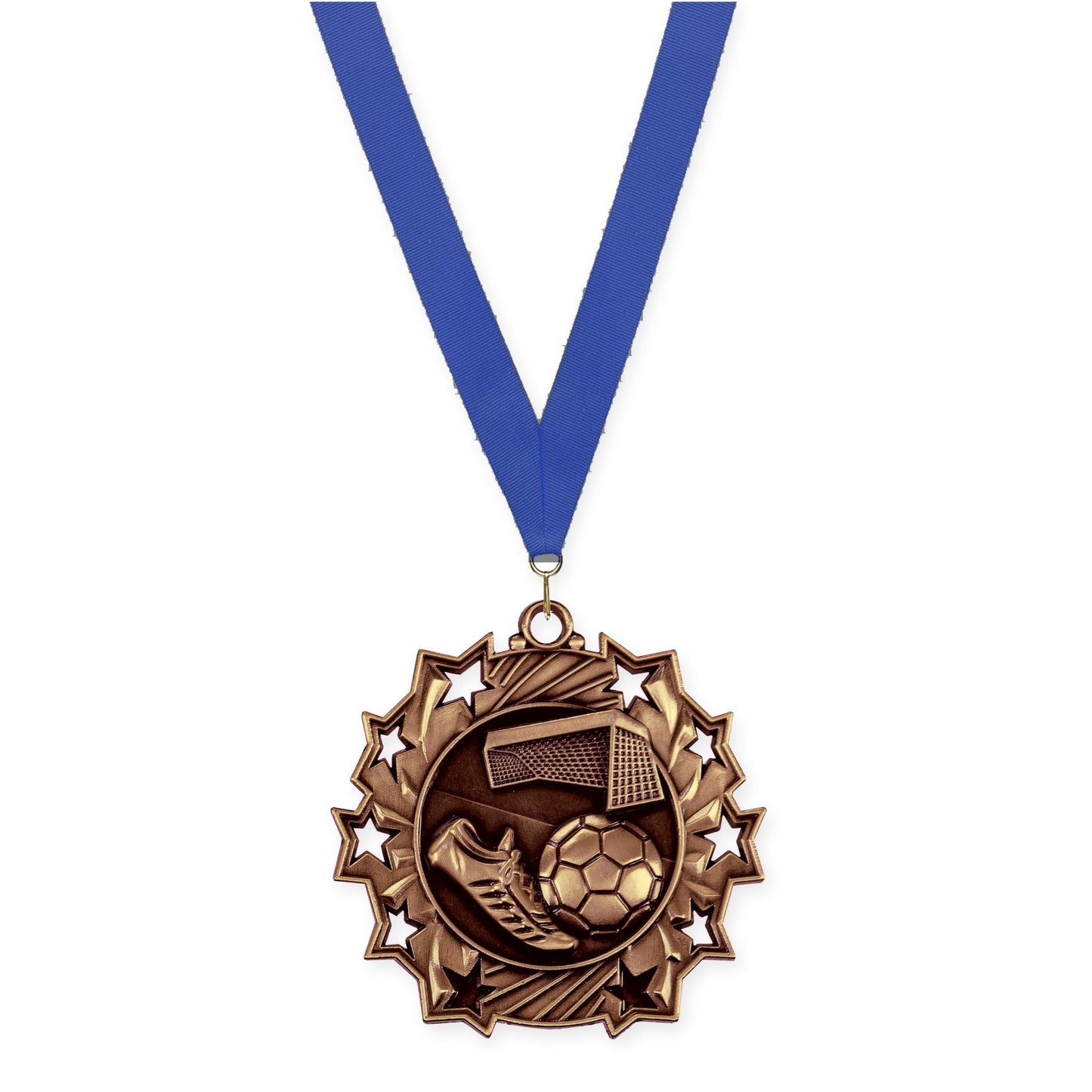 2 1/4 inch soccer Ten Star medal in antique bronze with Blue neck ribbon