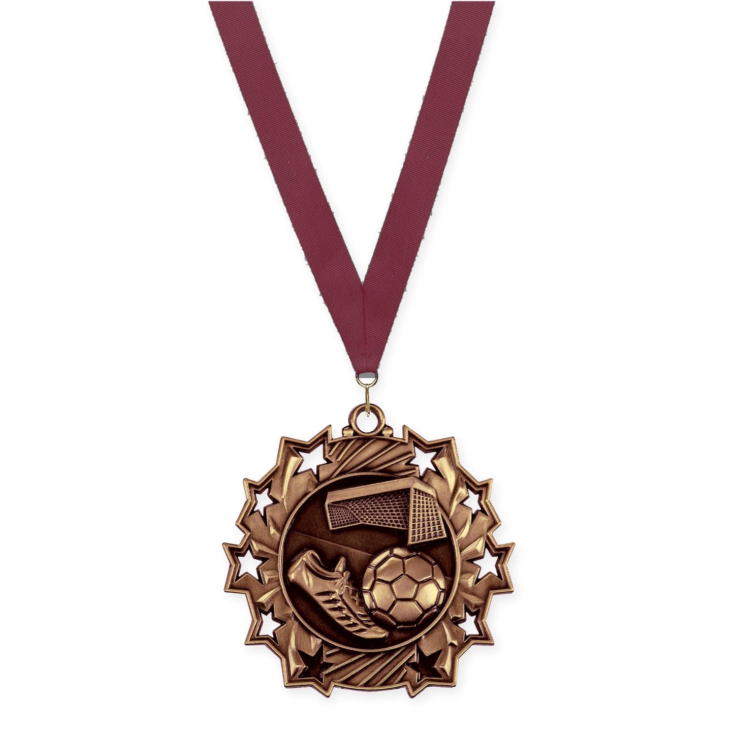 2 1/4 inch soccer Ten Star medal in antique bronze with Maroon neck ribbon