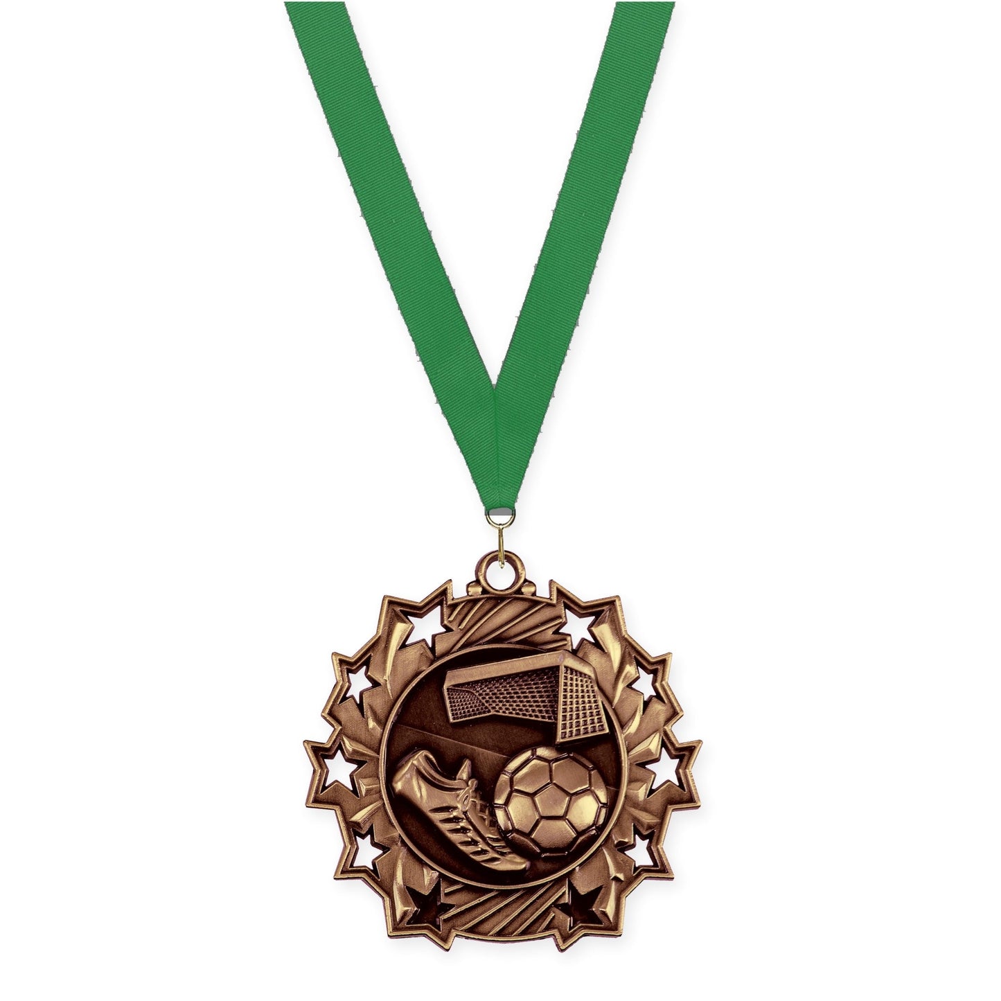 2 1/4 inch soccer Ten Star medal in antique bronze with Green neck ribbon