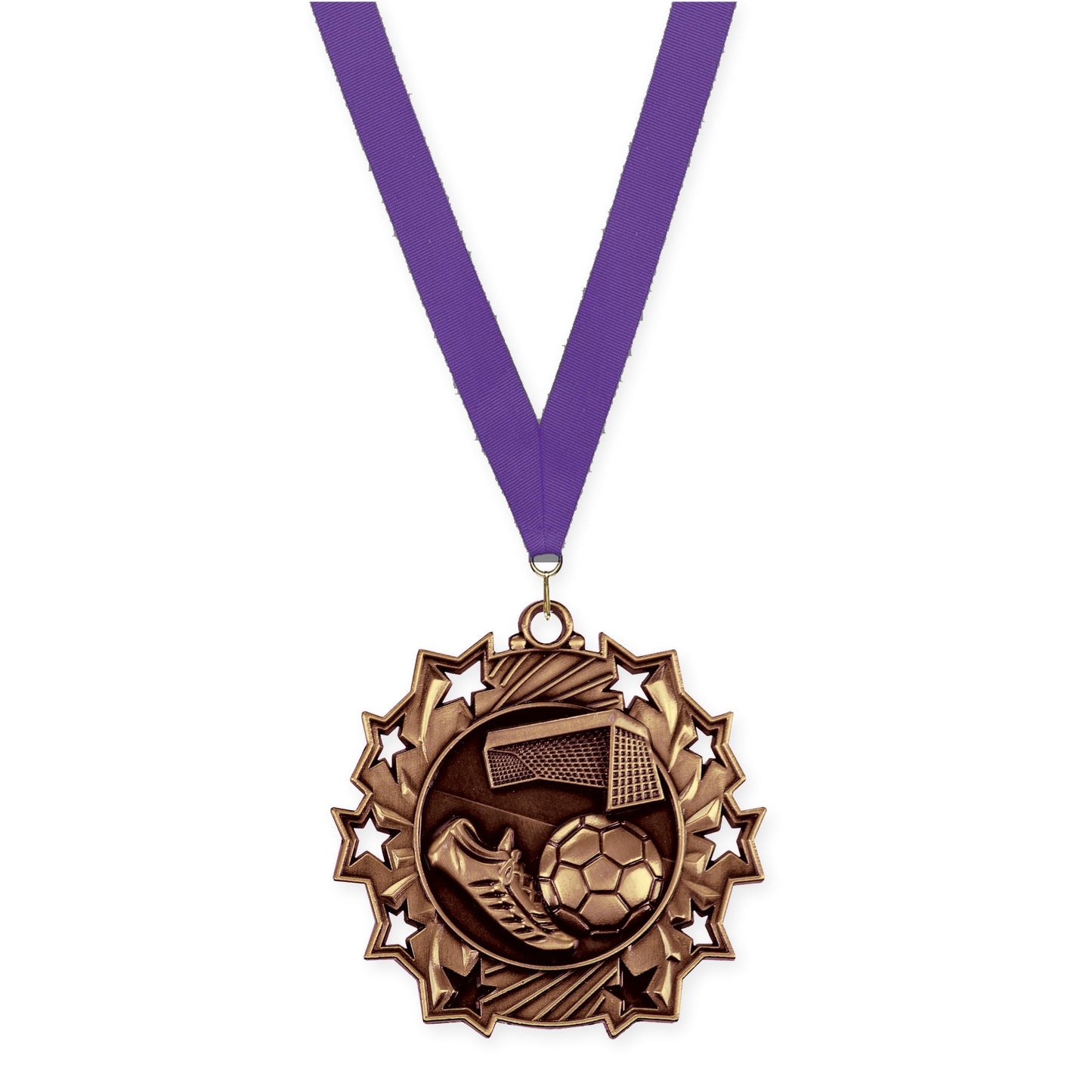 2 1/4 inch soccer Ten Star medal in antique bronze with Purple neck ribbon