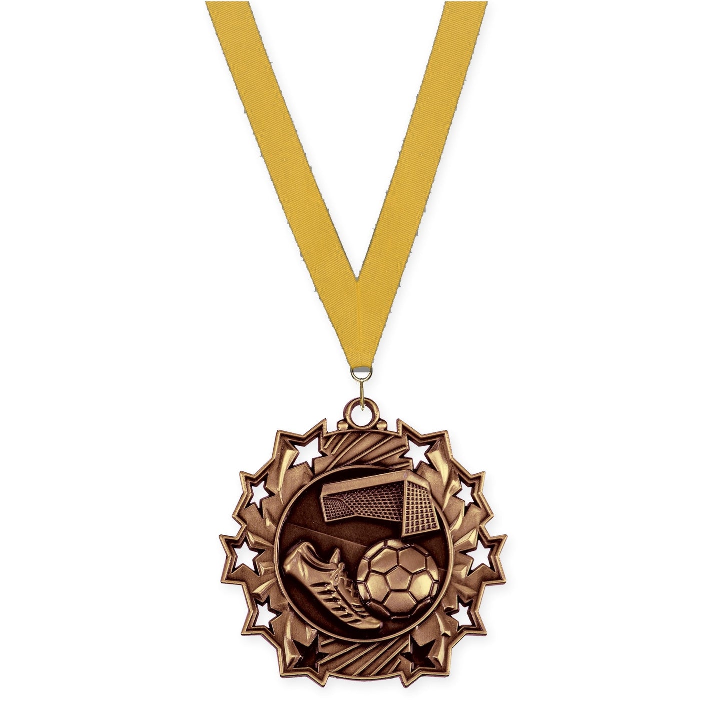 2 1/4 inch soccer Ten Star medal in antique bronze with Gold neck ribbon