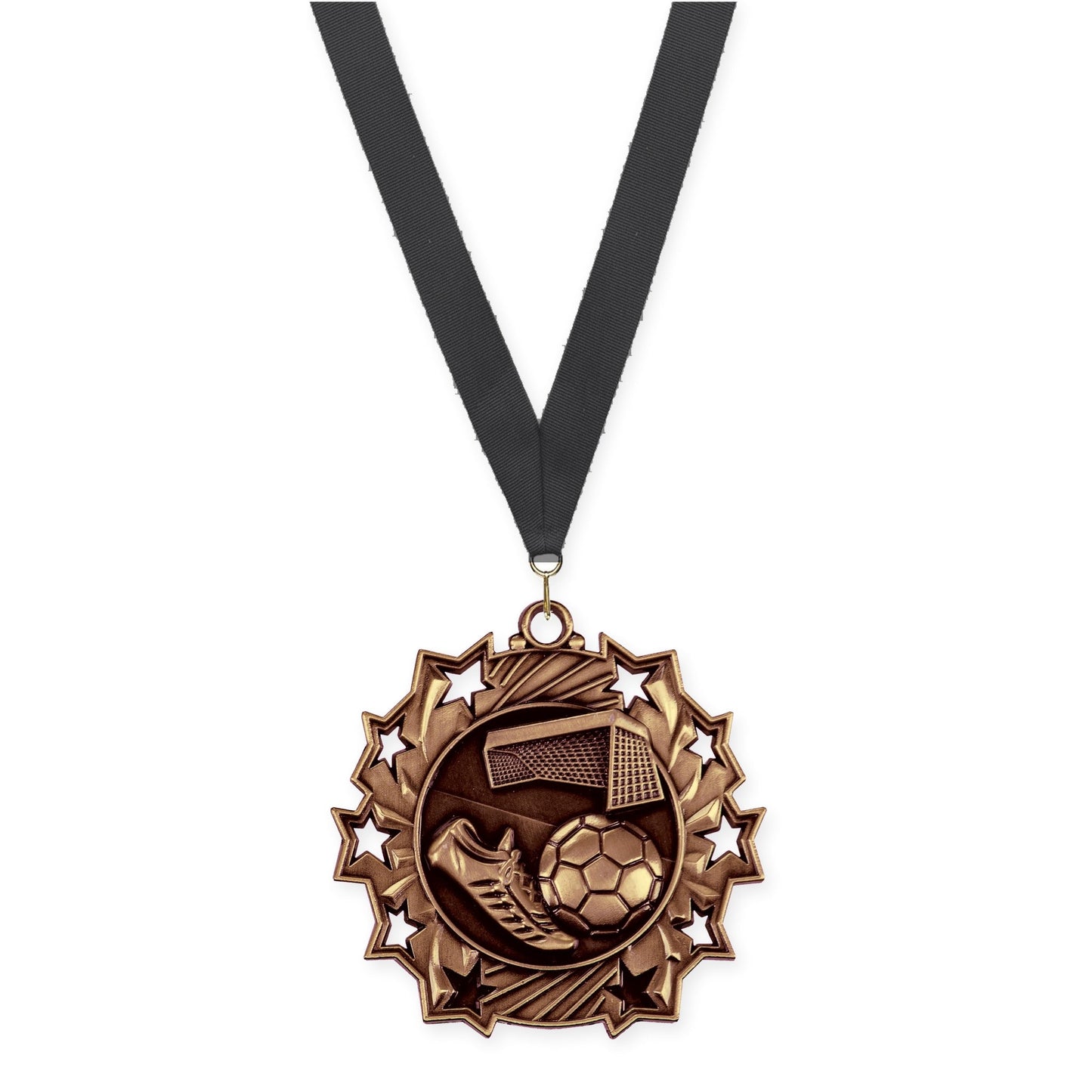 2 1/4 inch soccer Ten Star medal in antique bronze with Black neck ribbon