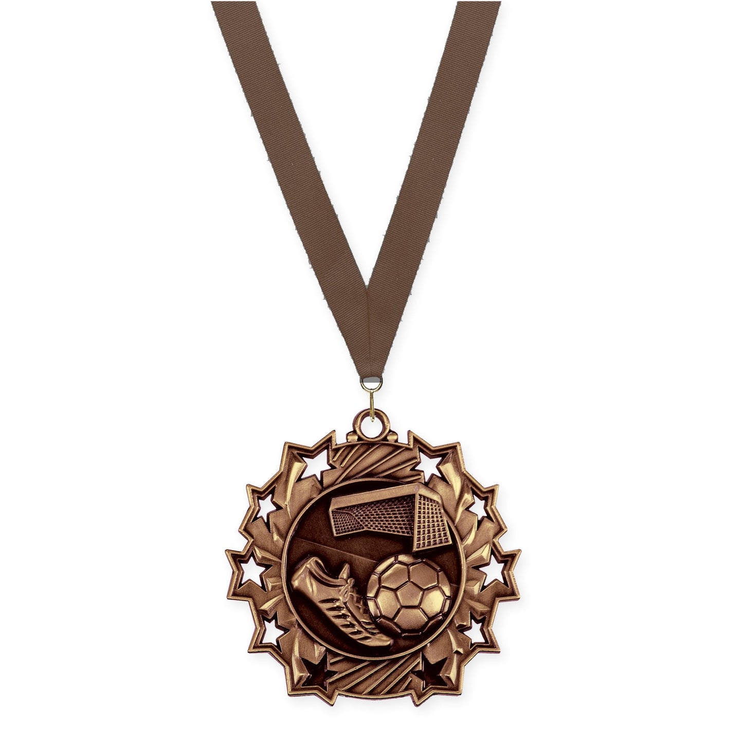 2 1/4 inch soccer Ten Star medal in antique bronze with Brown neck ribbon