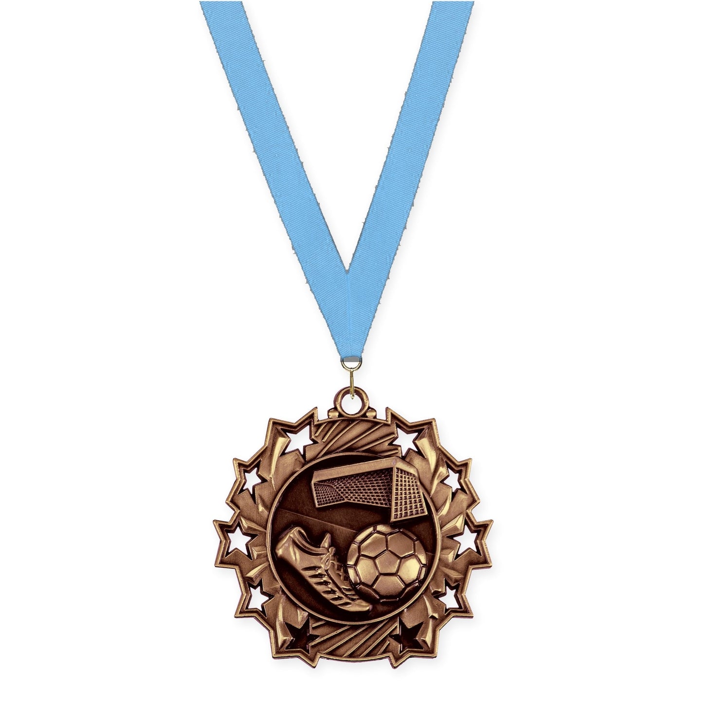 2 1/4 inch soccer Ten Star medal in antique bronze with Light Blue neck ribbon