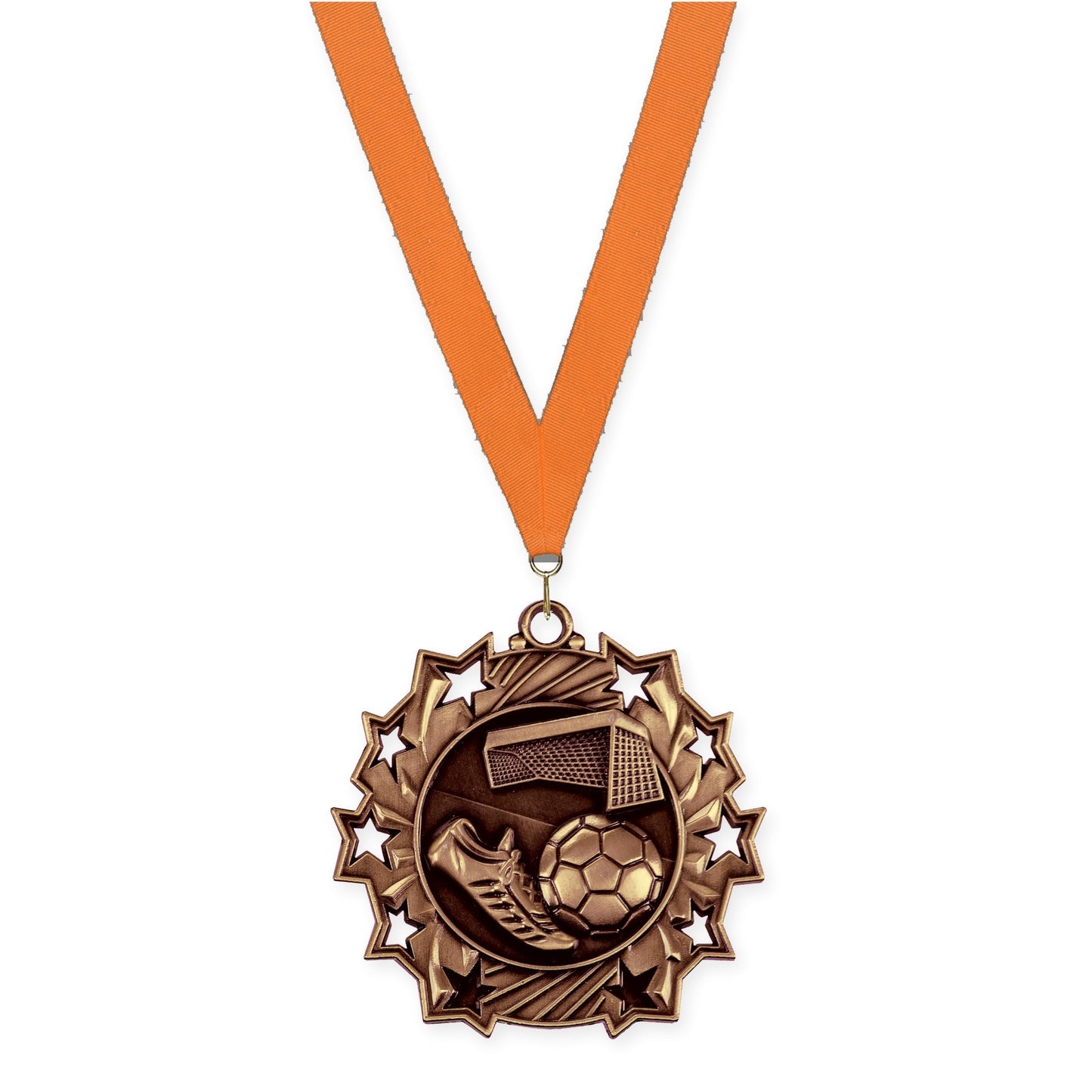 2 1/4 inch soccer Ten Star medal in antique bronze with Orange neck ribbon