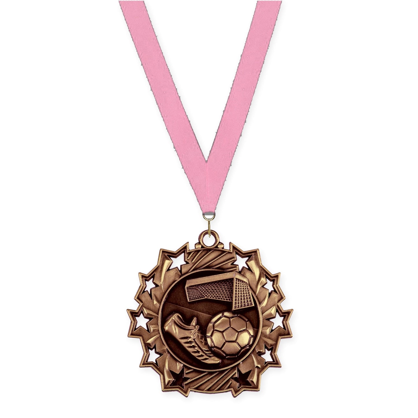 2 1/4 inch soccer Ten Star medal in antique bronze with Pink neck ribbon