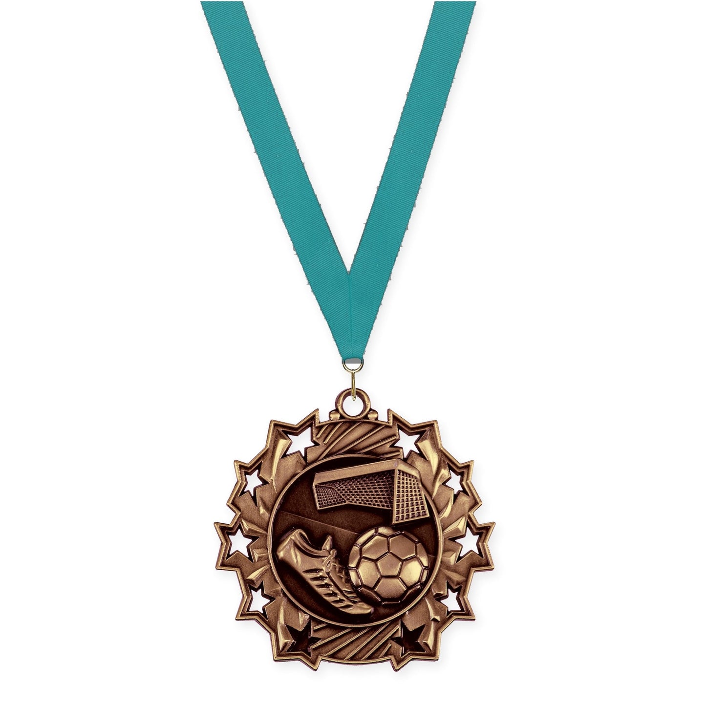 2 1/4 inch soccer Ten Star medal in antique bronze with Teal neck ribbon