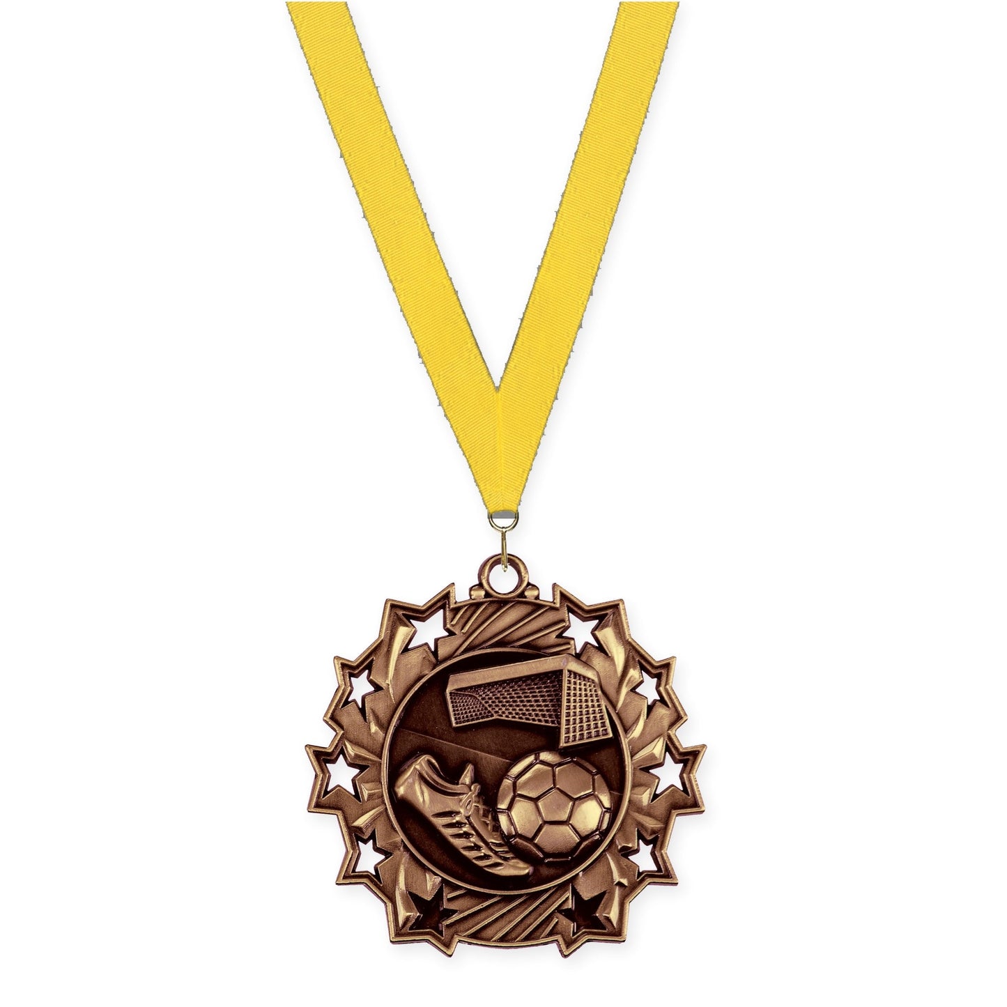 2 1/4 inch soccer Ten Star medal in antique bronze with Yellow neck ribbon